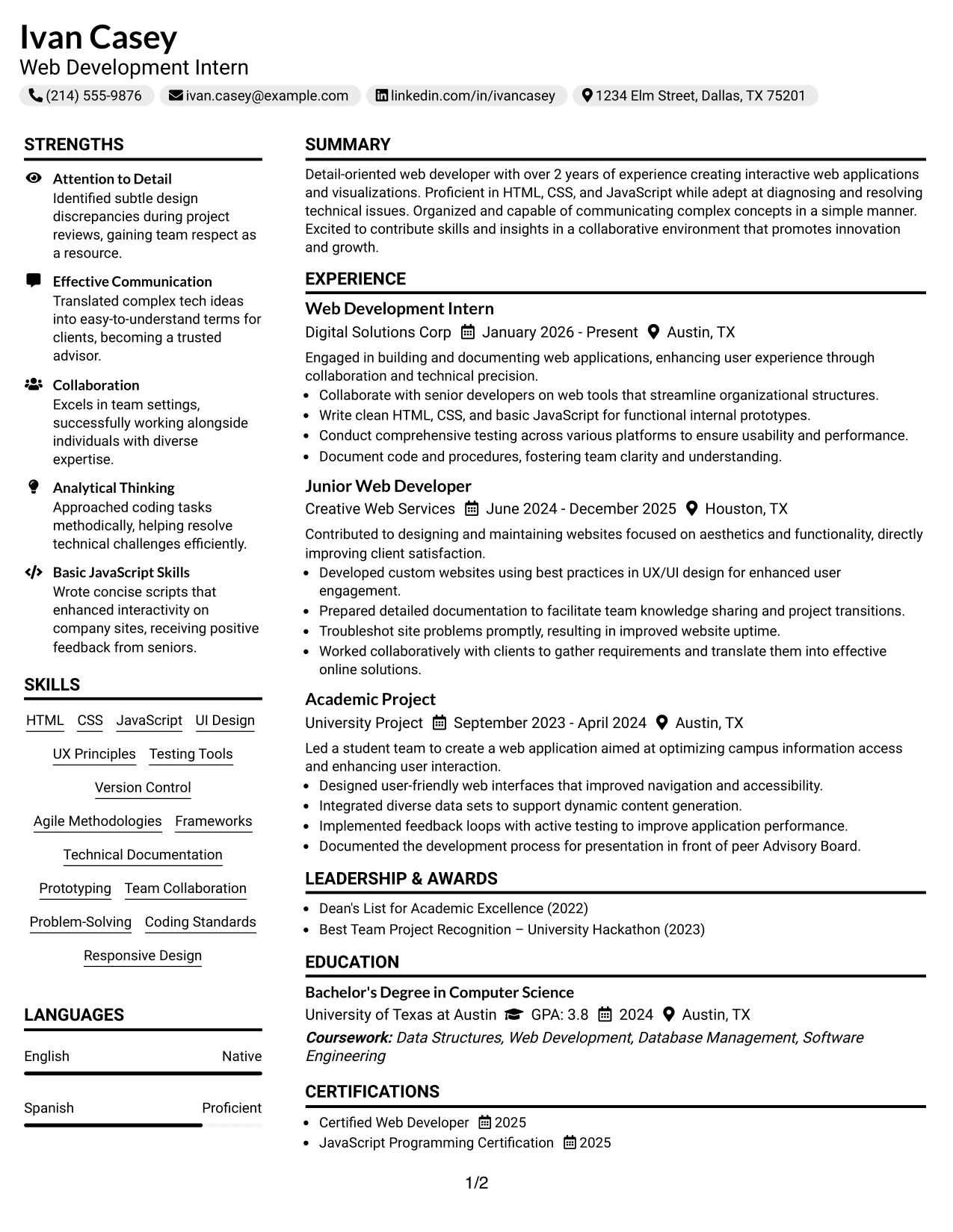 Resume Example Page 1