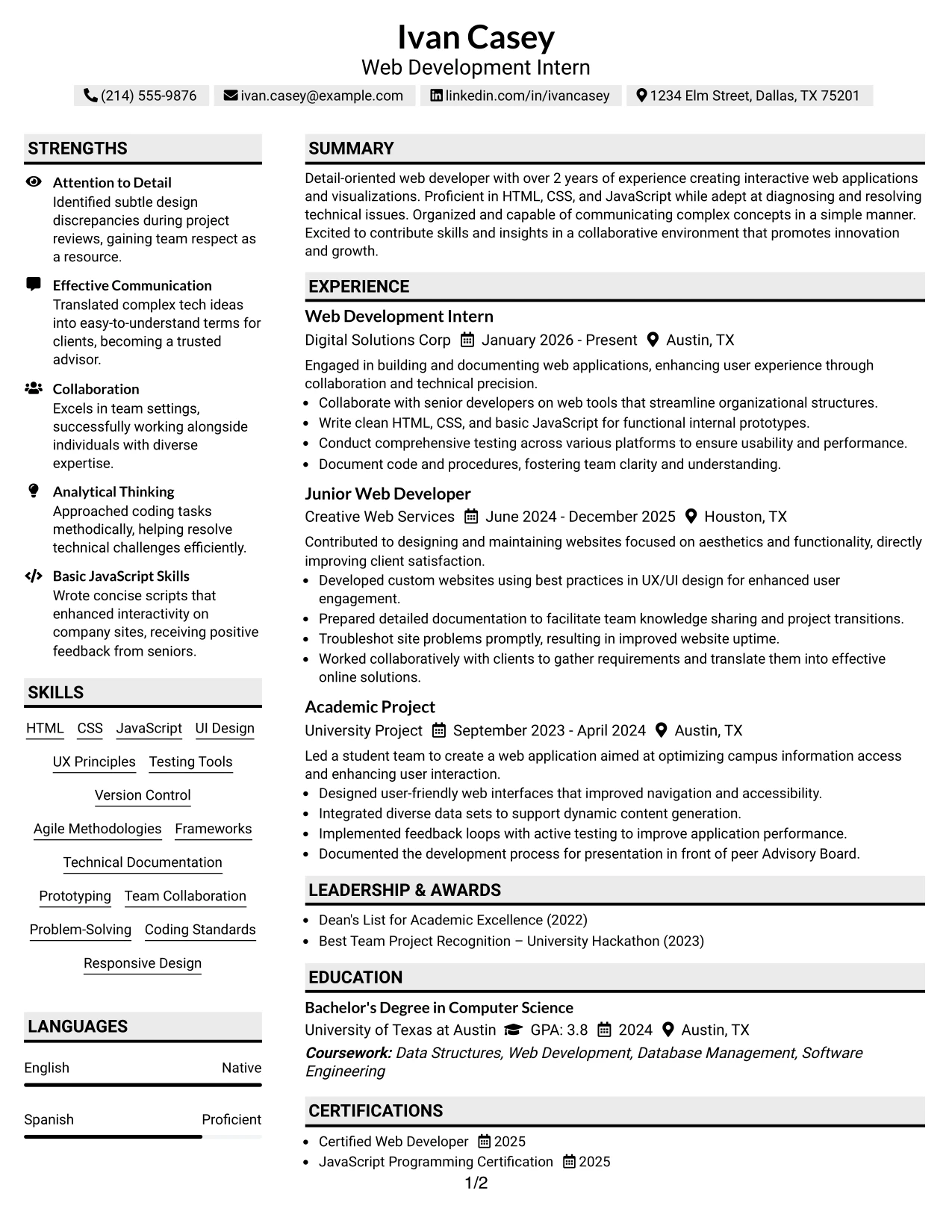 Resume Example Page 1