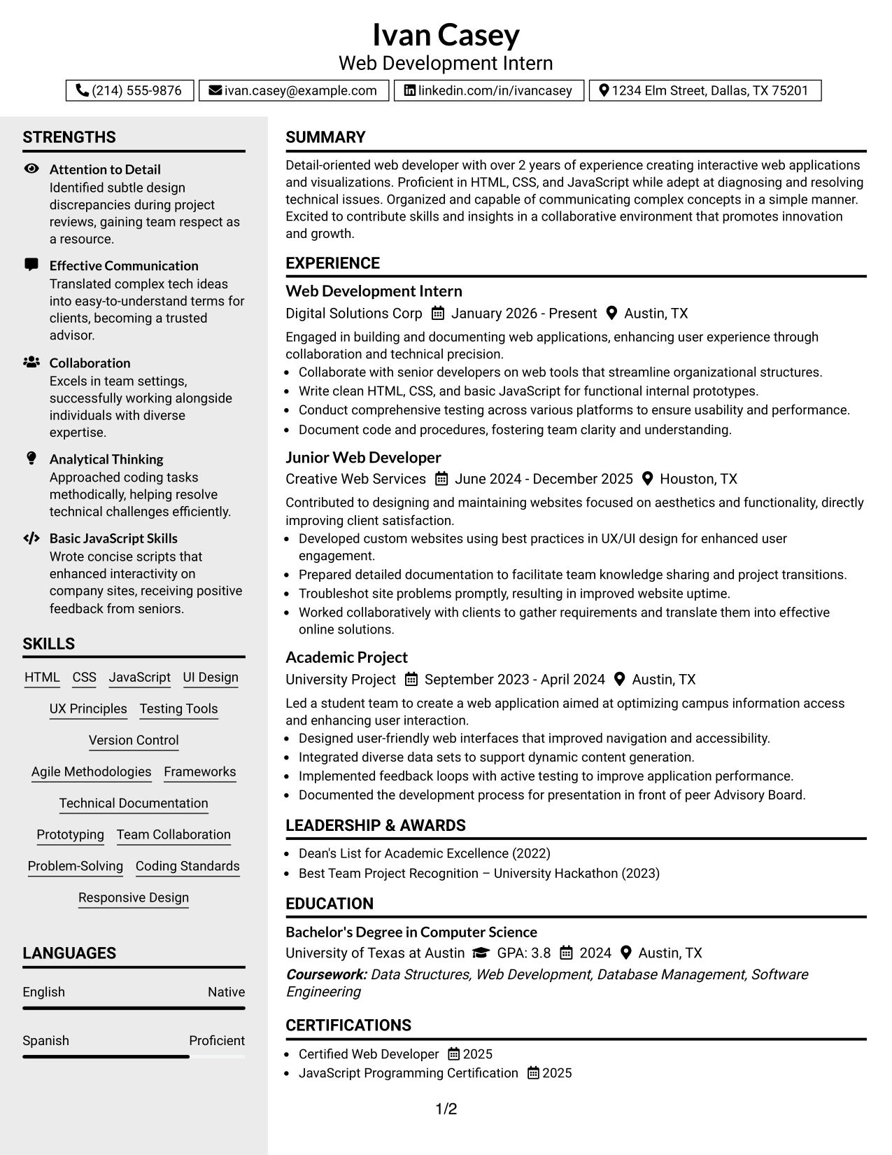 Resume Example Page 1
