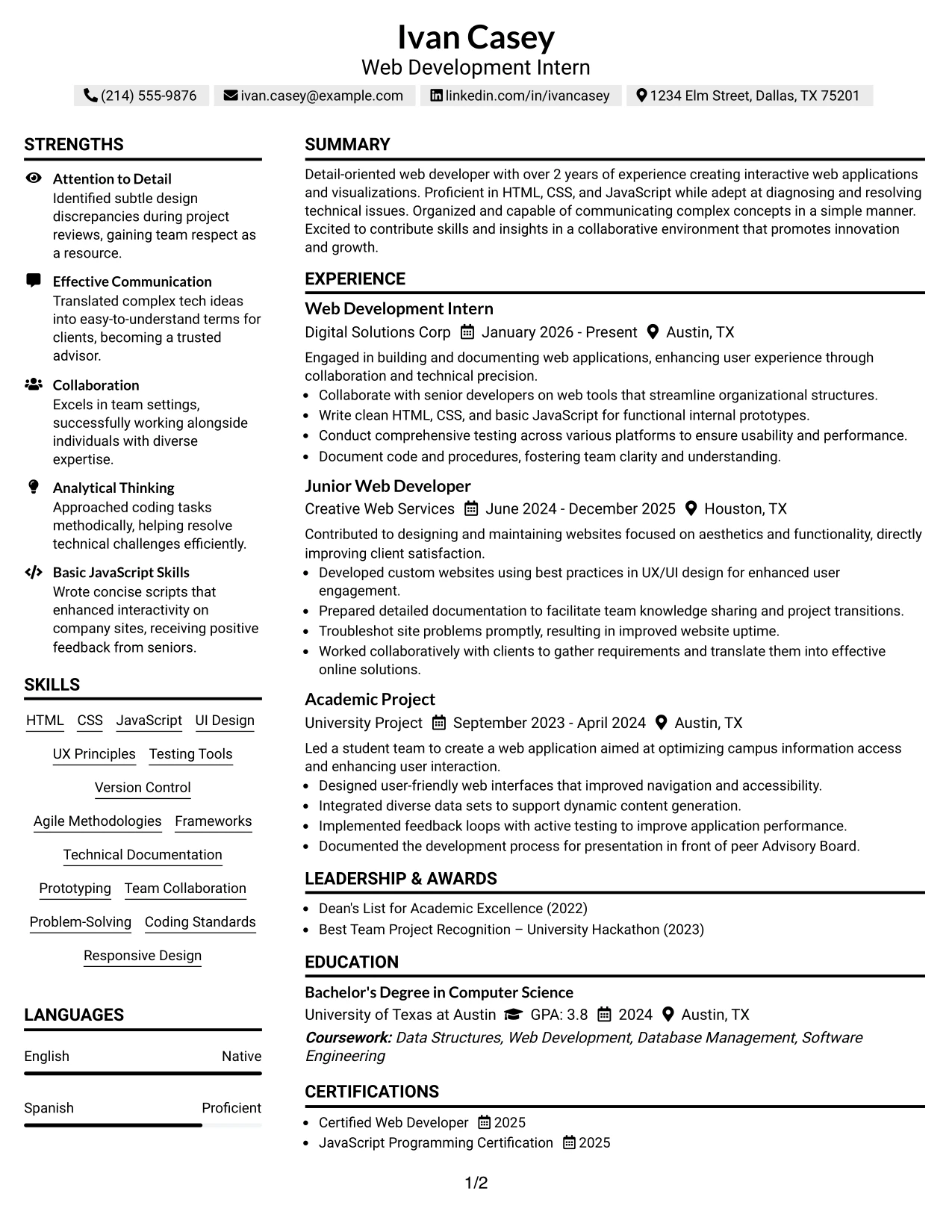 Resume Example Page 1