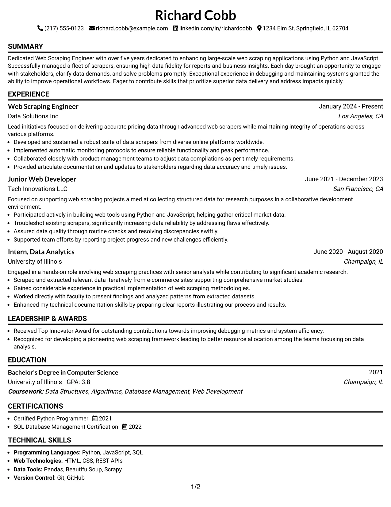 Resume Example Page 1