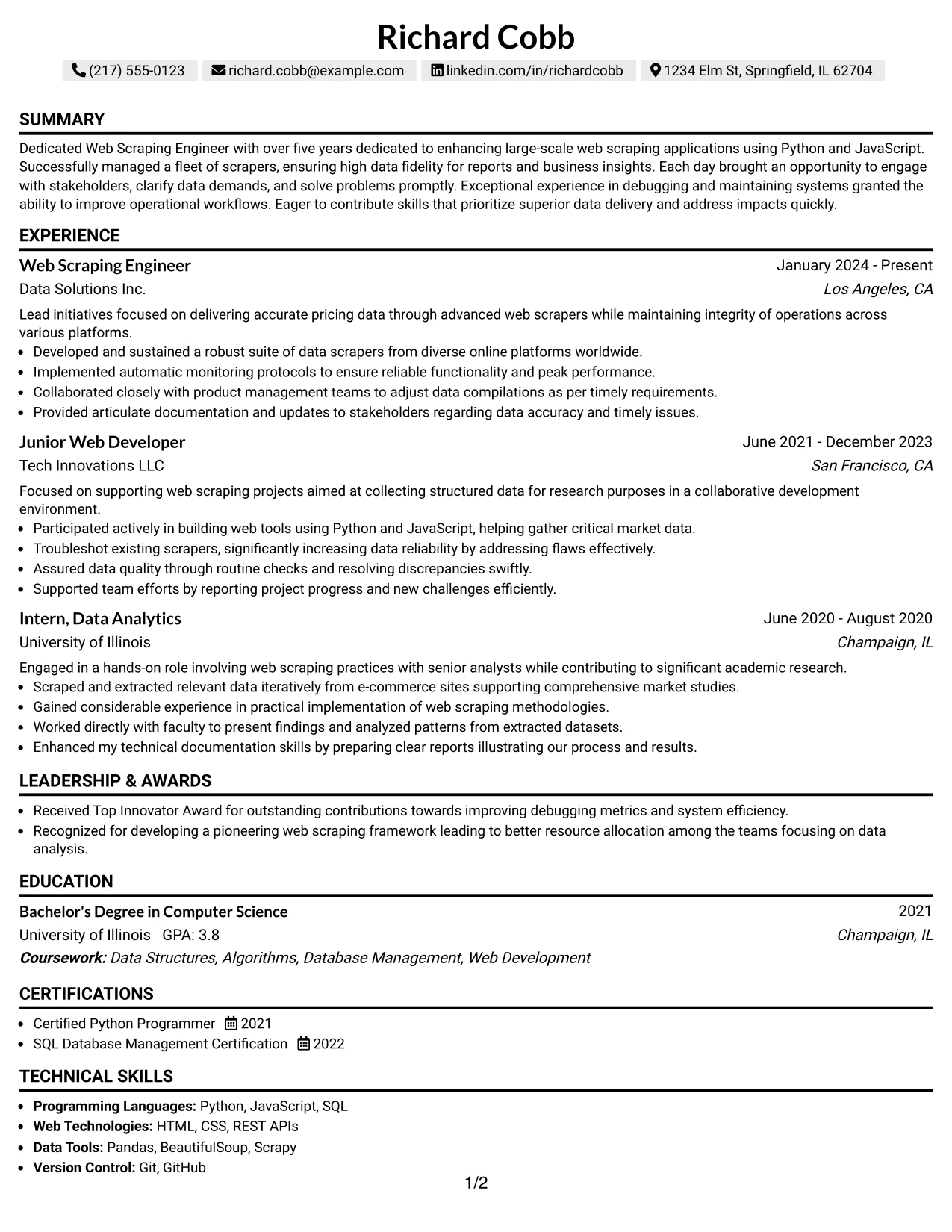 Resume Example Page 1