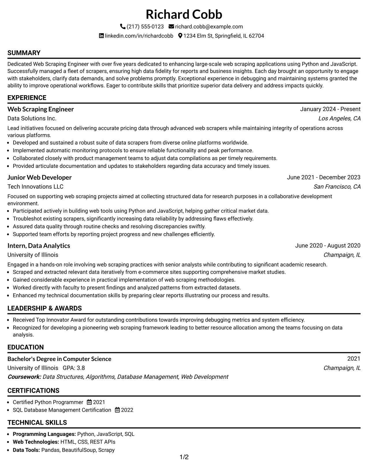 Resume Example Page 1