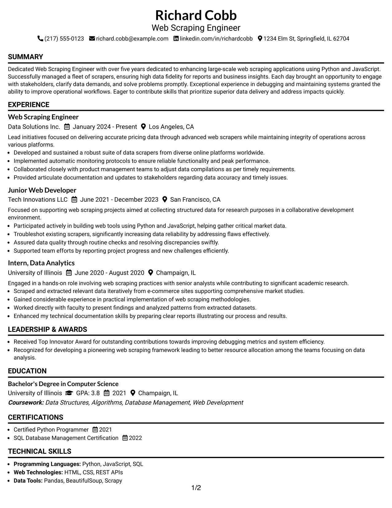 Resume Example Page 1