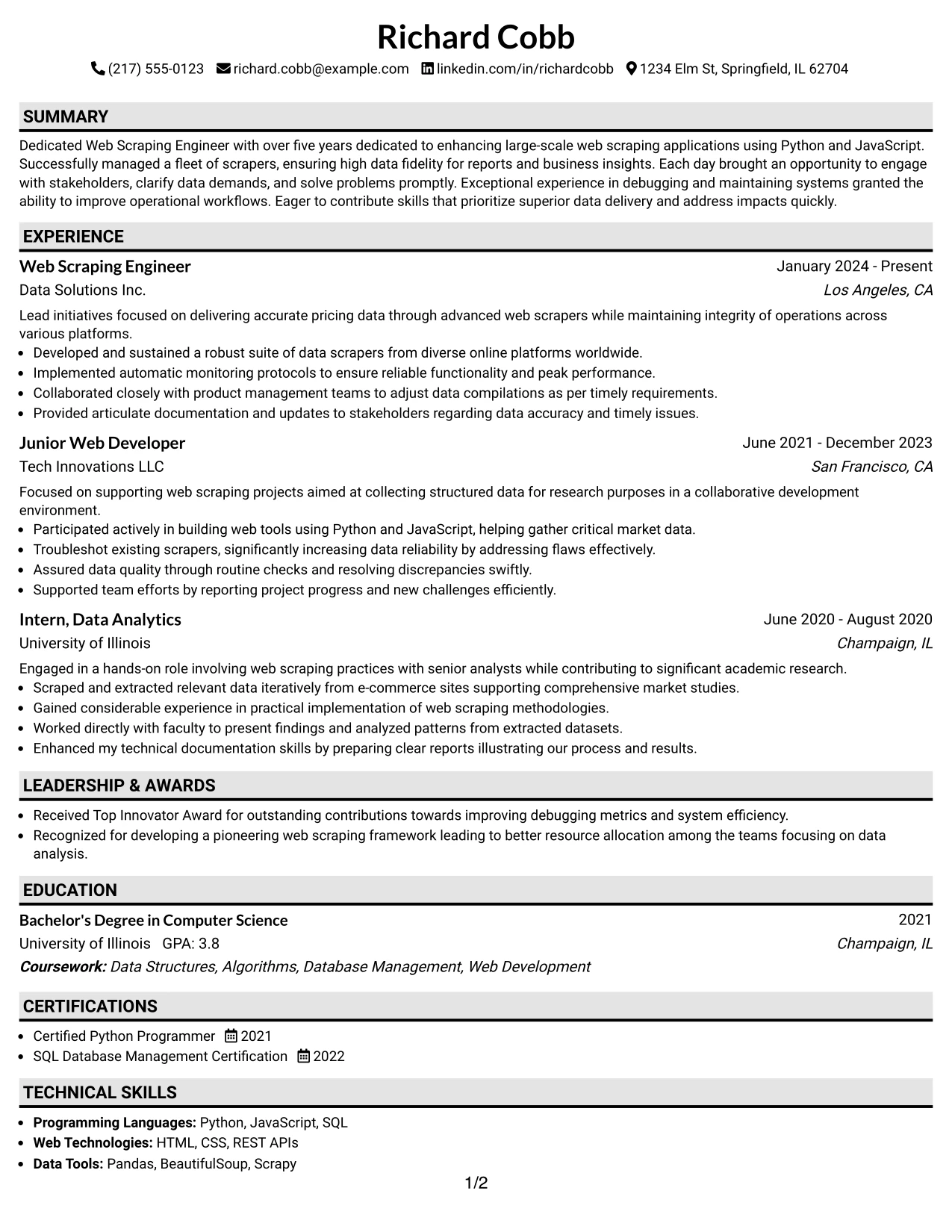 Resume Example Page 1