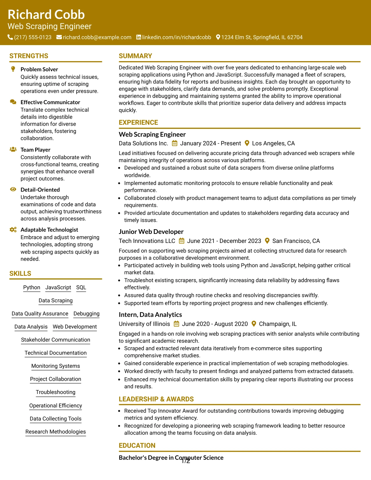 Resume Example Page 1