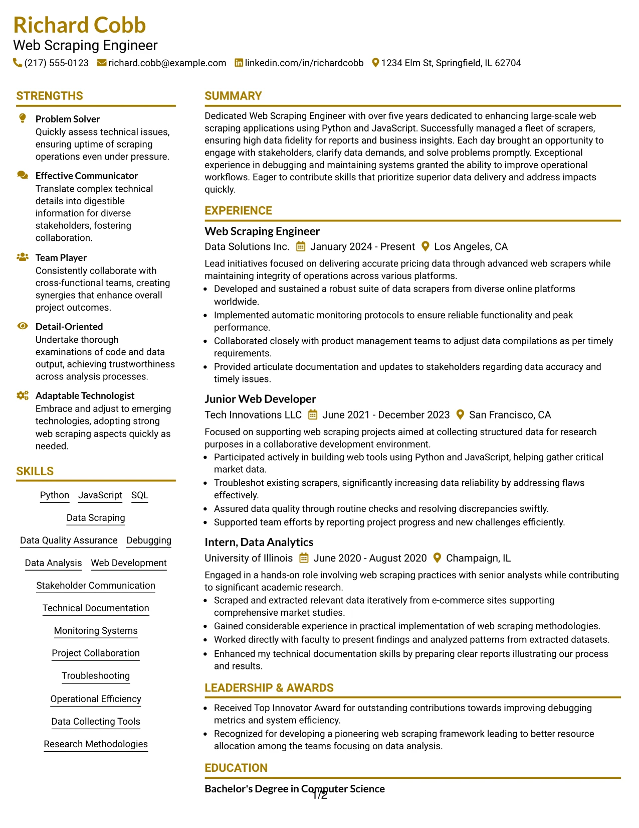 Resume Example Page 1