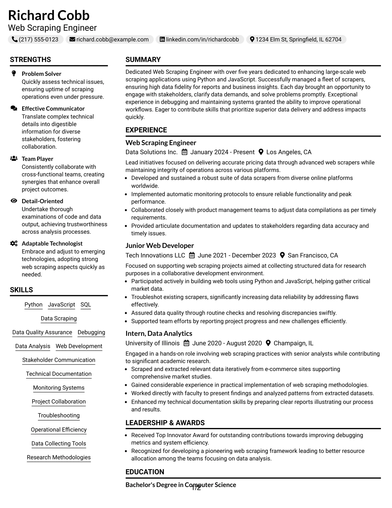 Resume Example Page 1