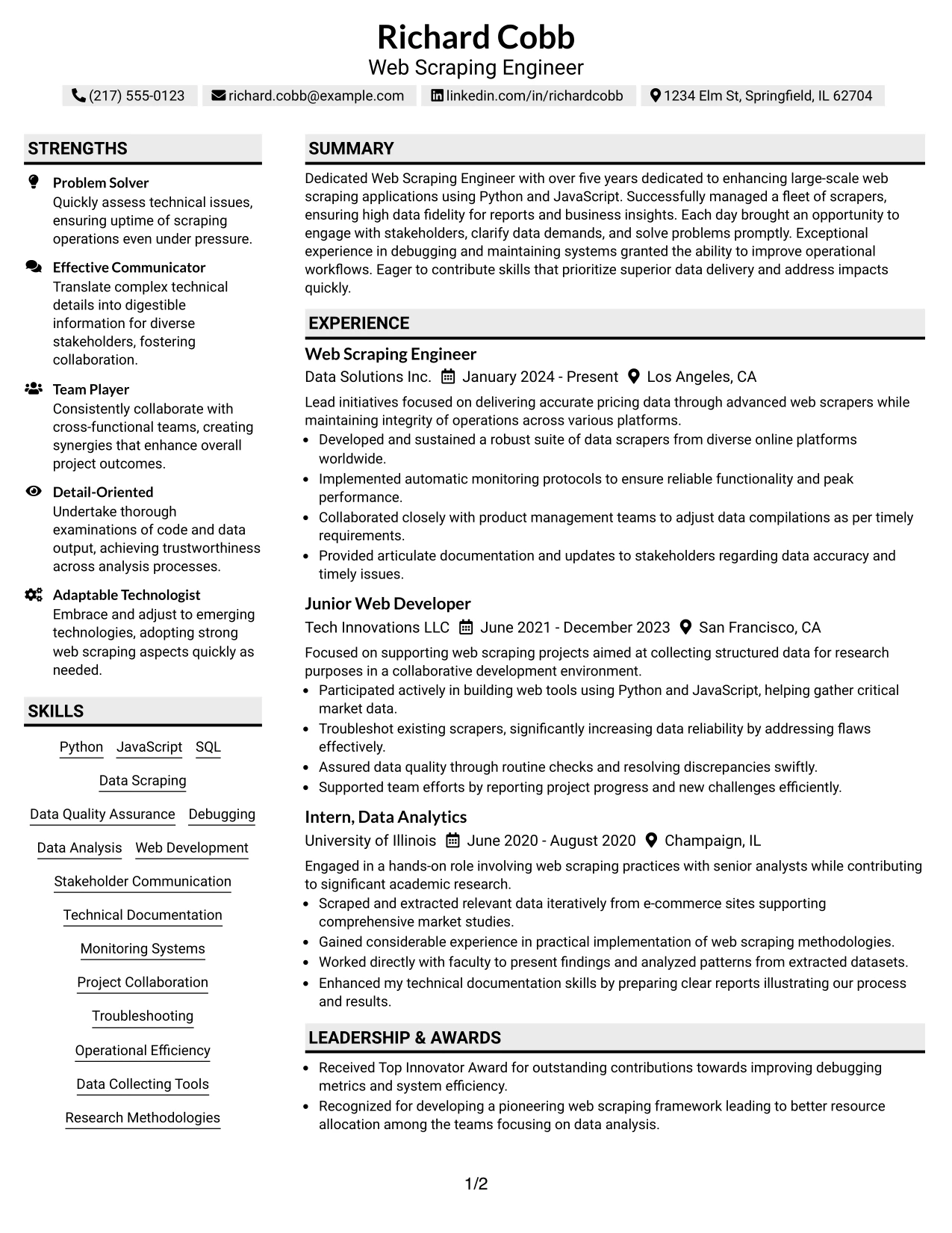 Resume Example Page 1
