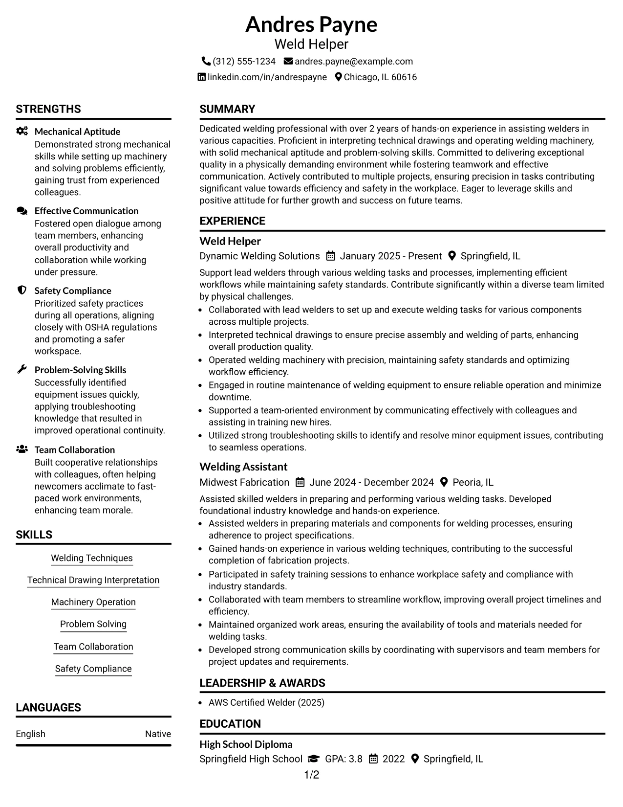 Resume Example Page 1