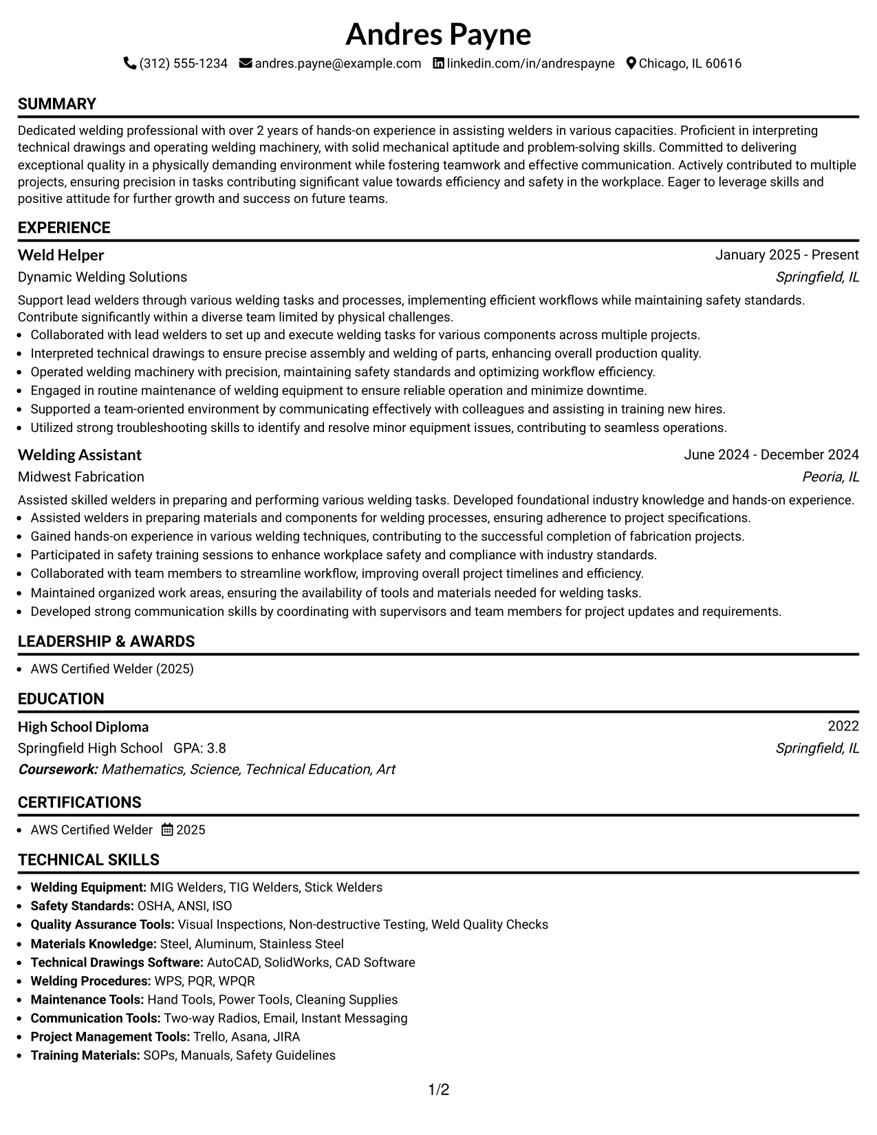 Resume Example Page 1