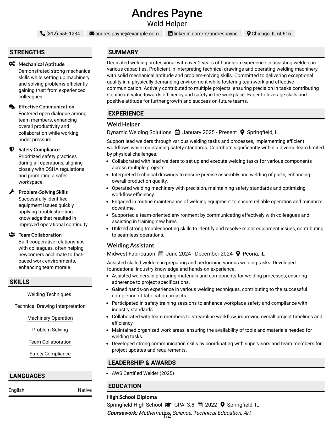 Resume Example Page 1