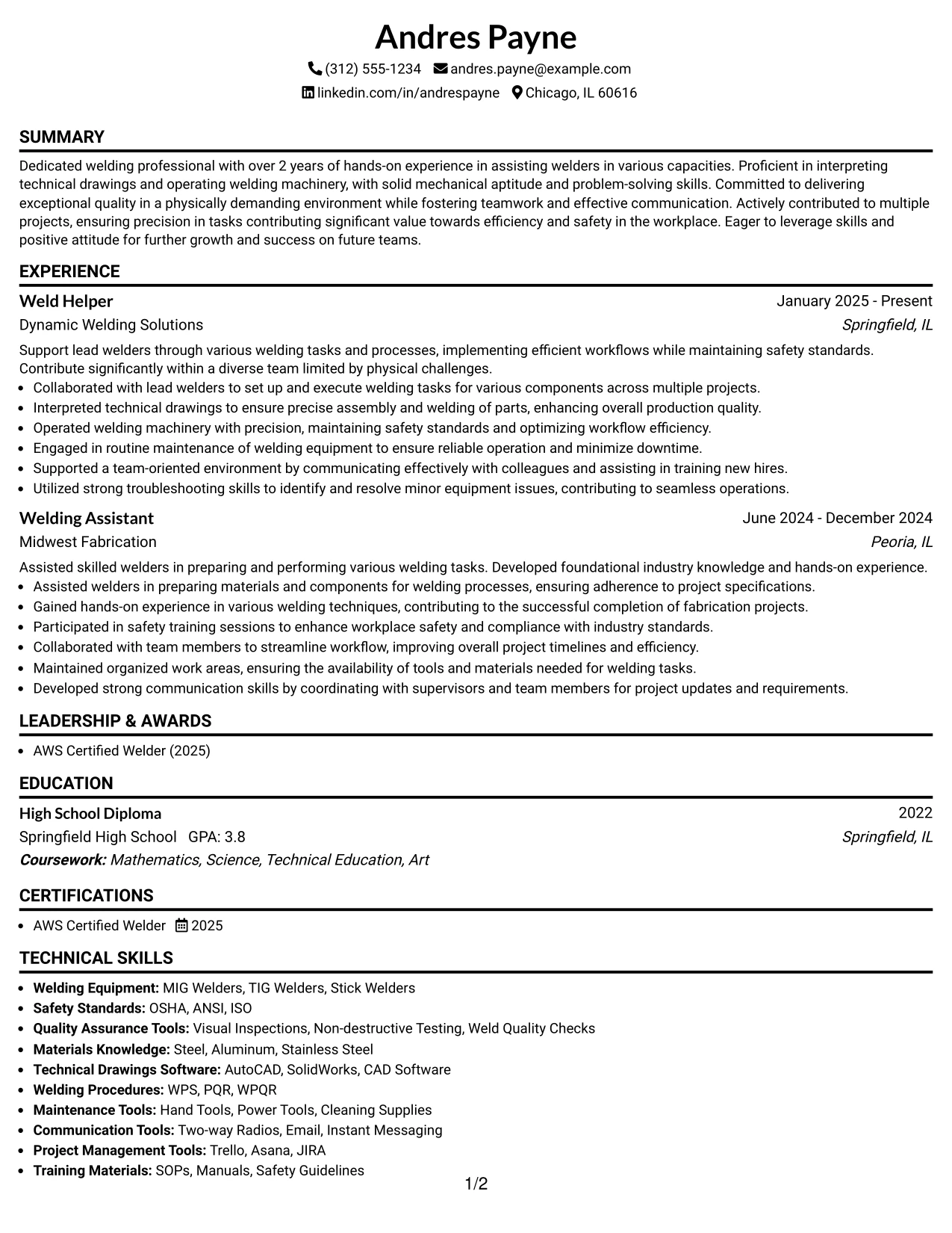 Resume Example Page 1
