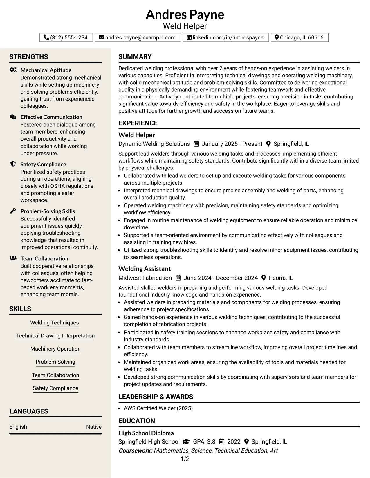 Resume Example Page 1