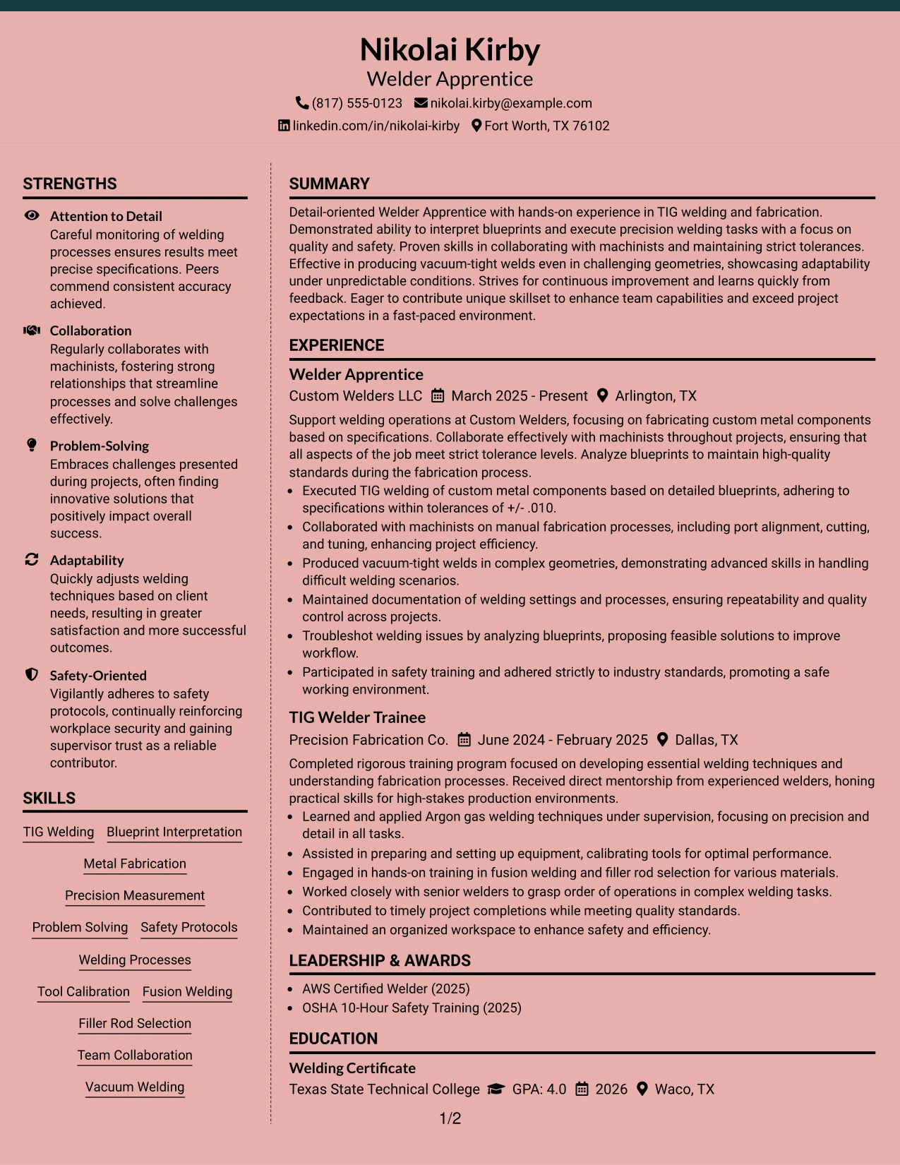 Resume Example Page 1