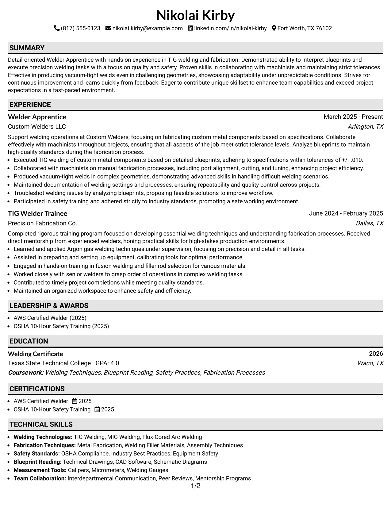 Resume Example Page 1