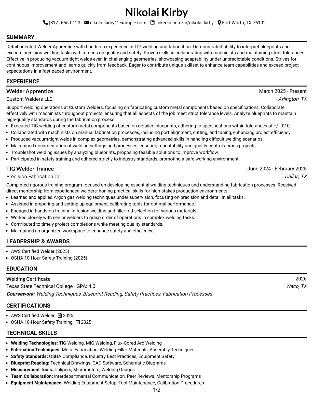 Resume Example Page 1