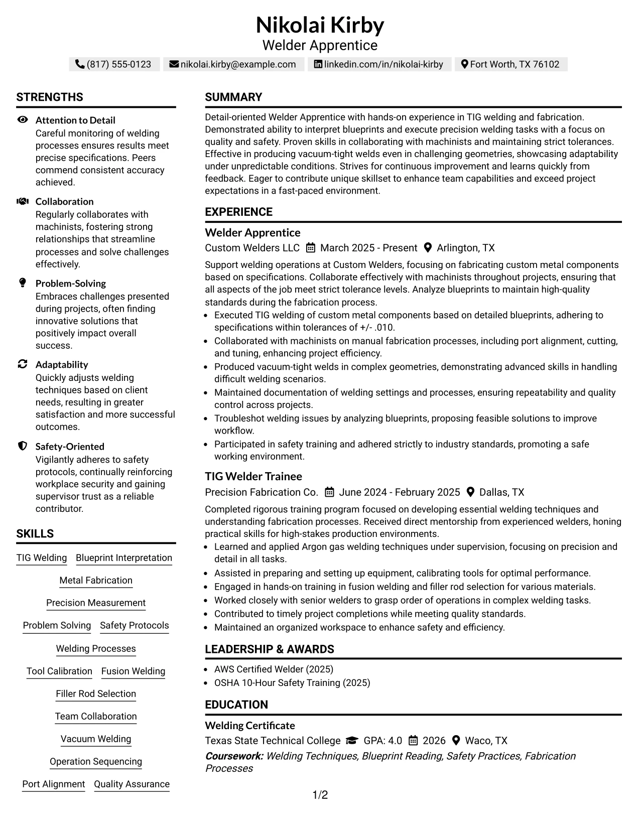 Resume Example Page 1