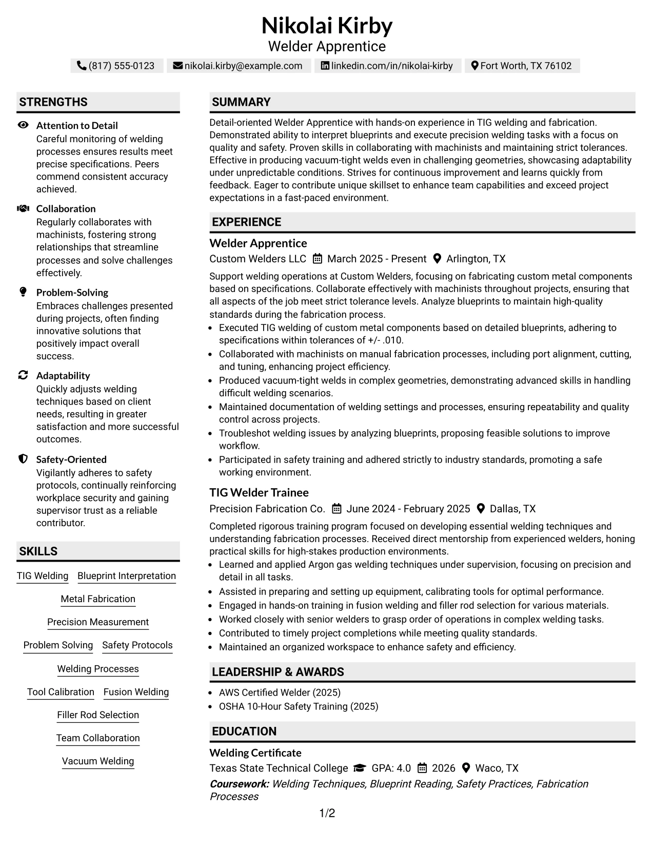 Resume Example Page 1
