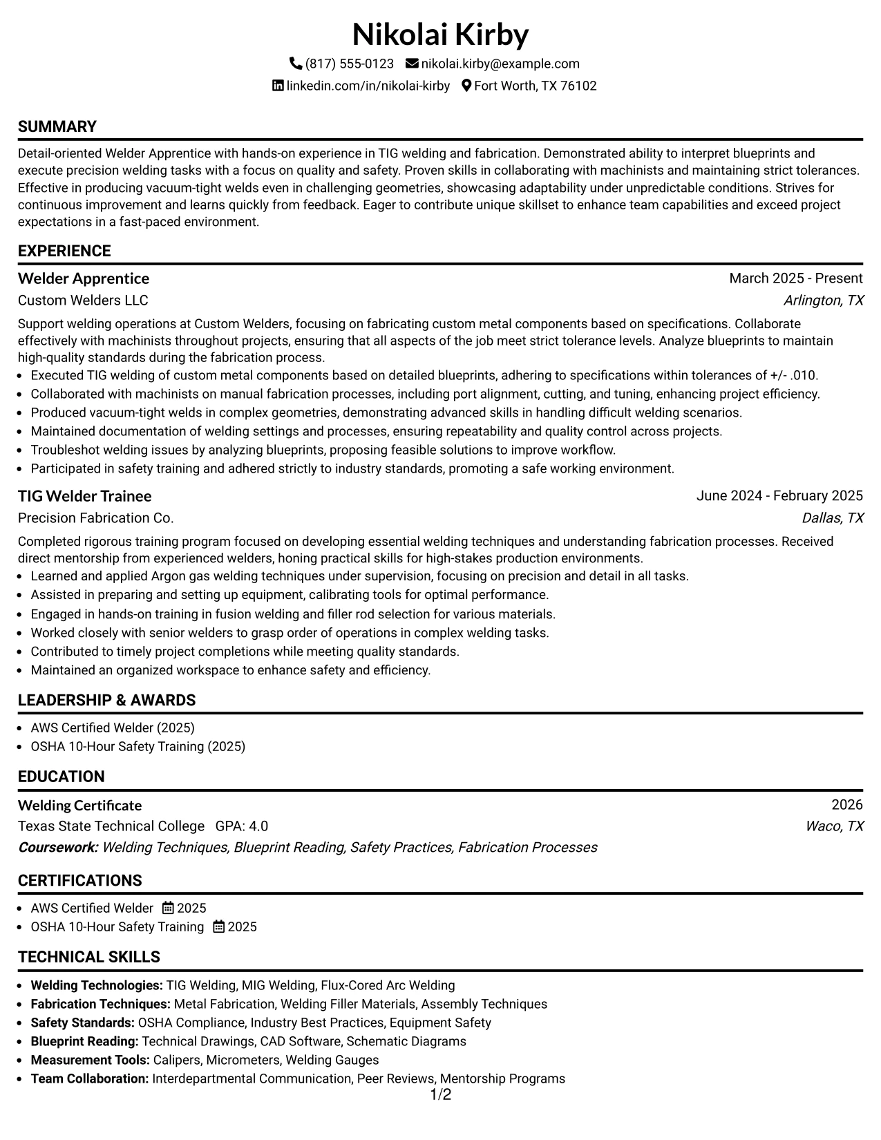 Resume Example Page 1