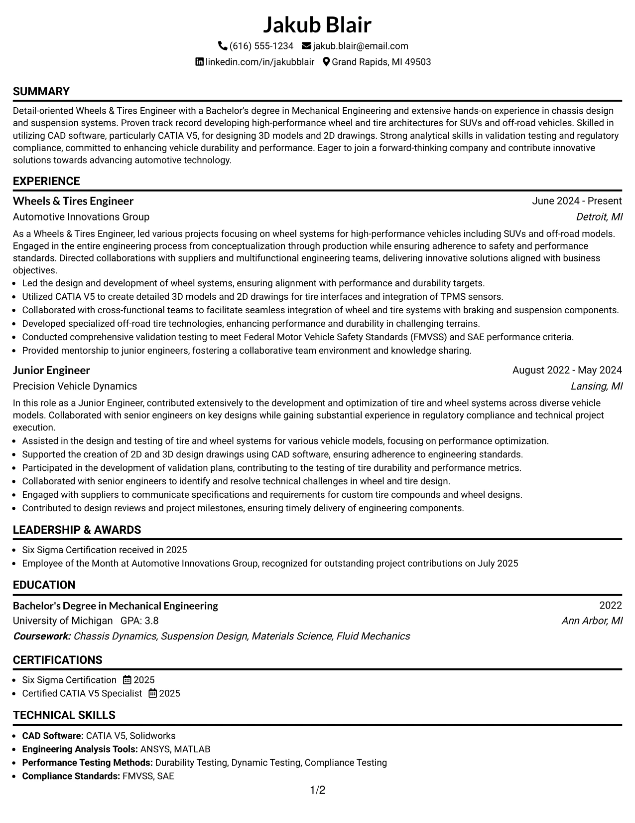 Resume Example Page 1