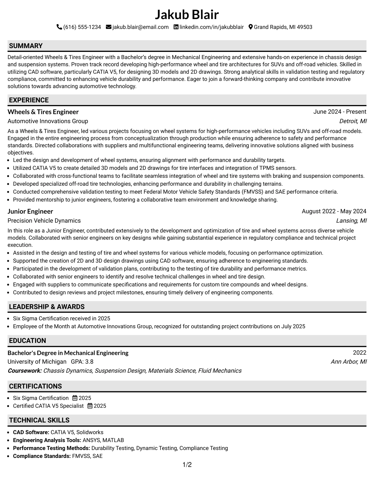 Resume Example Page 1