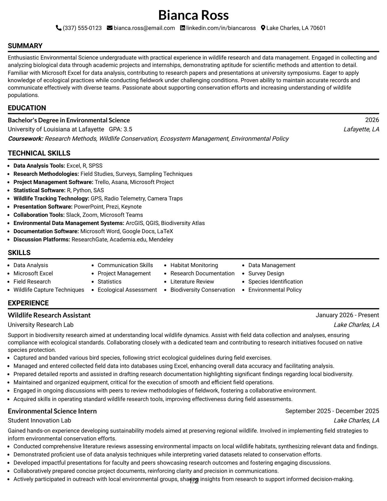 Resume Example Page 1