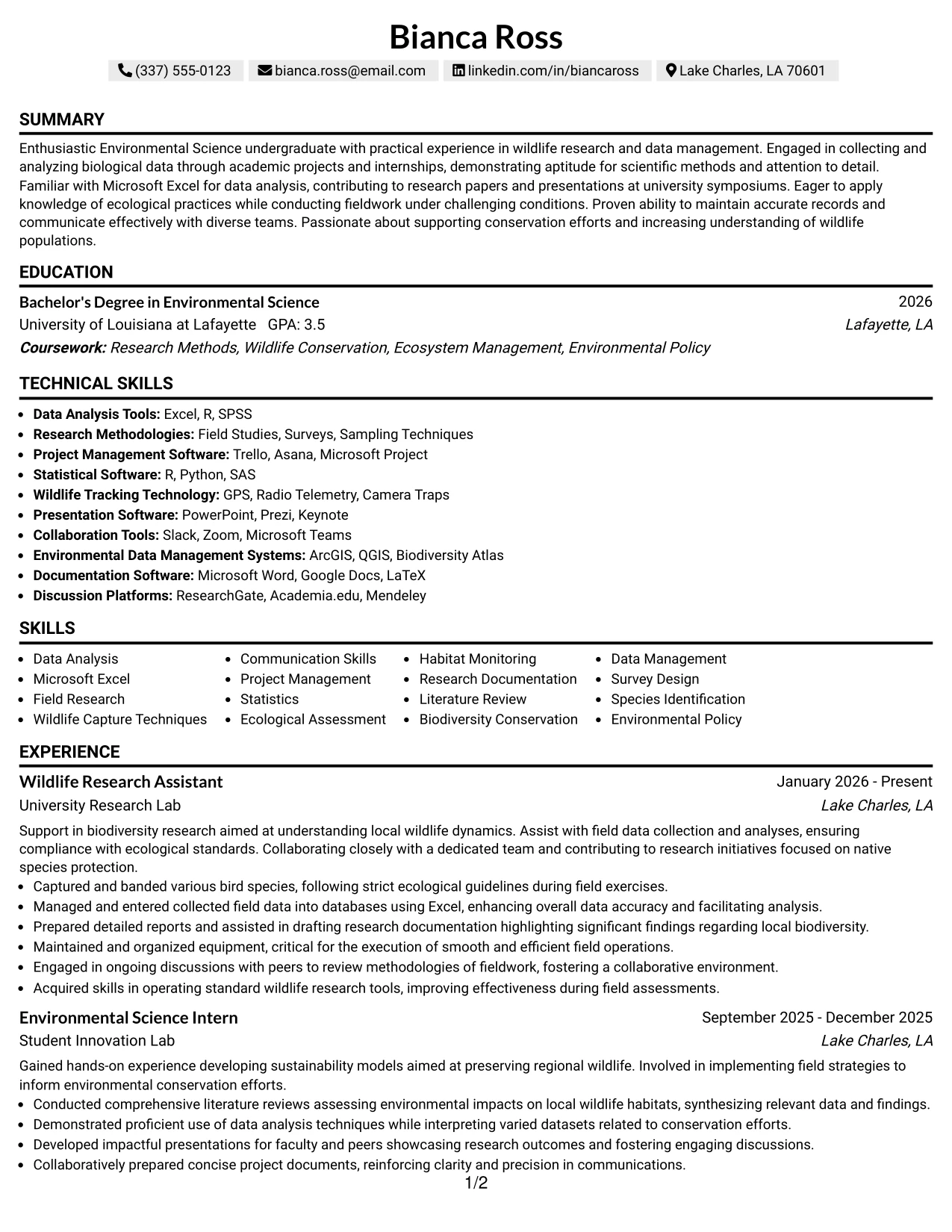 Resume Example Page 1