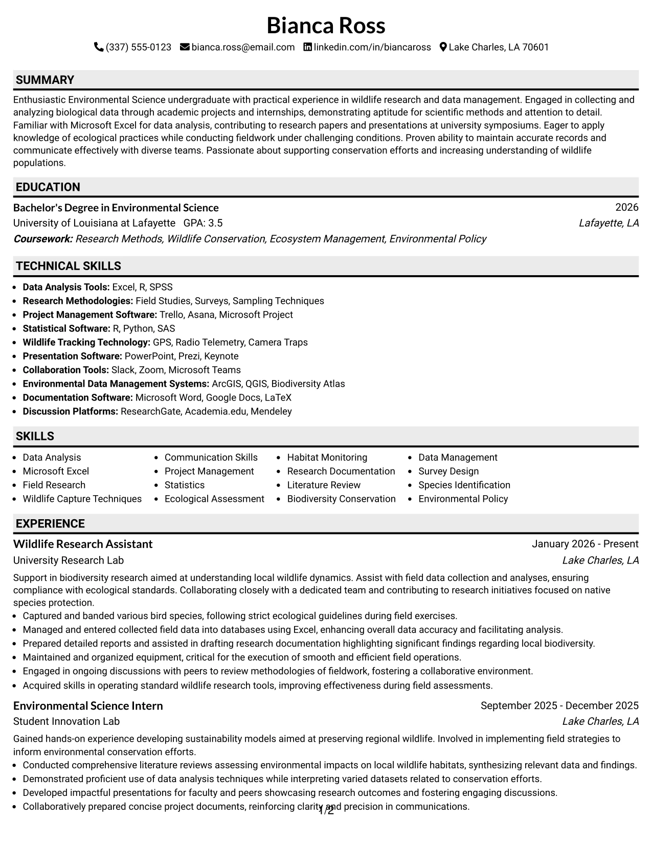 Resume Example Page 1