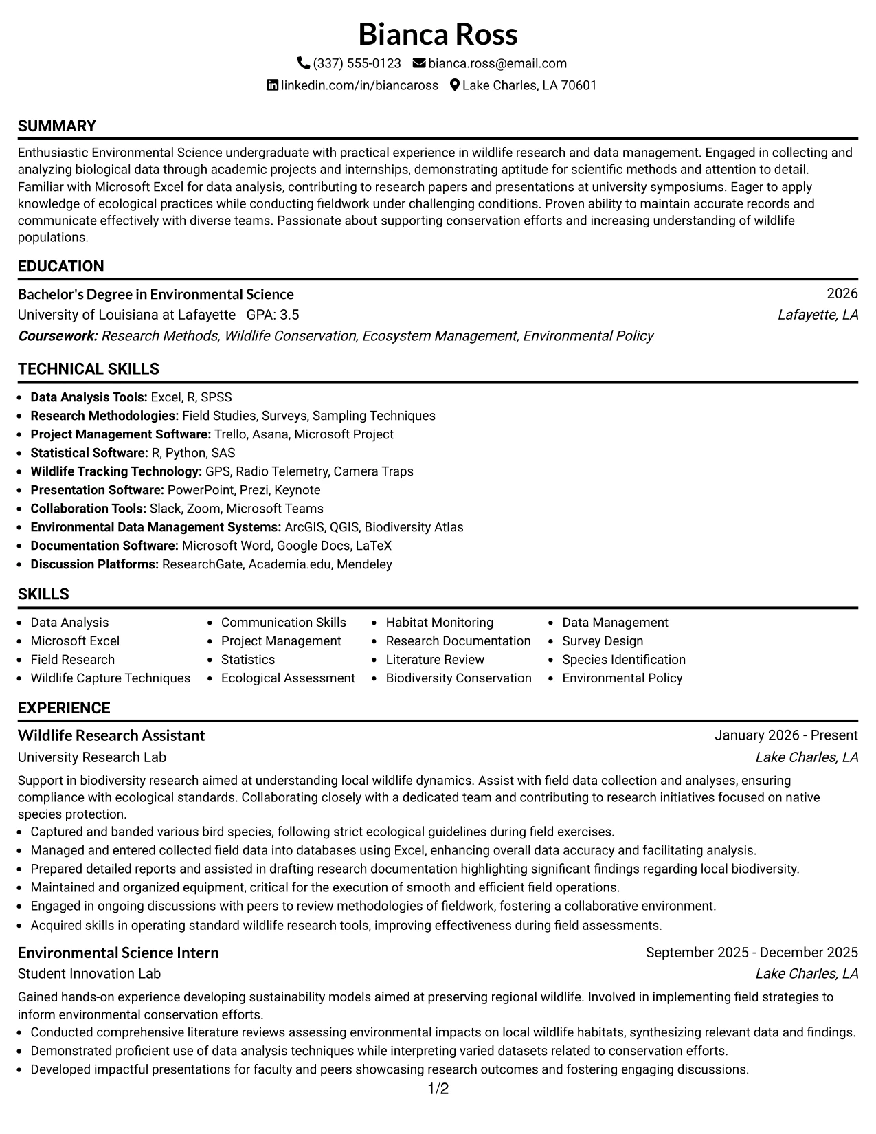 Resume Example Page 1