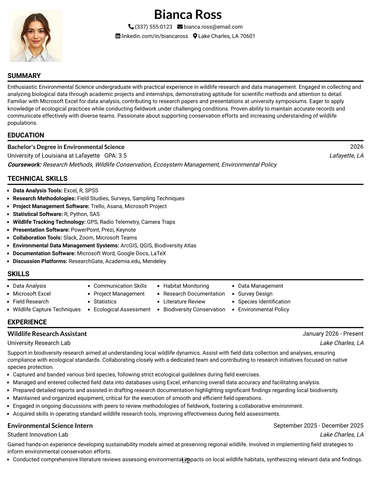 Resume Example Page 1