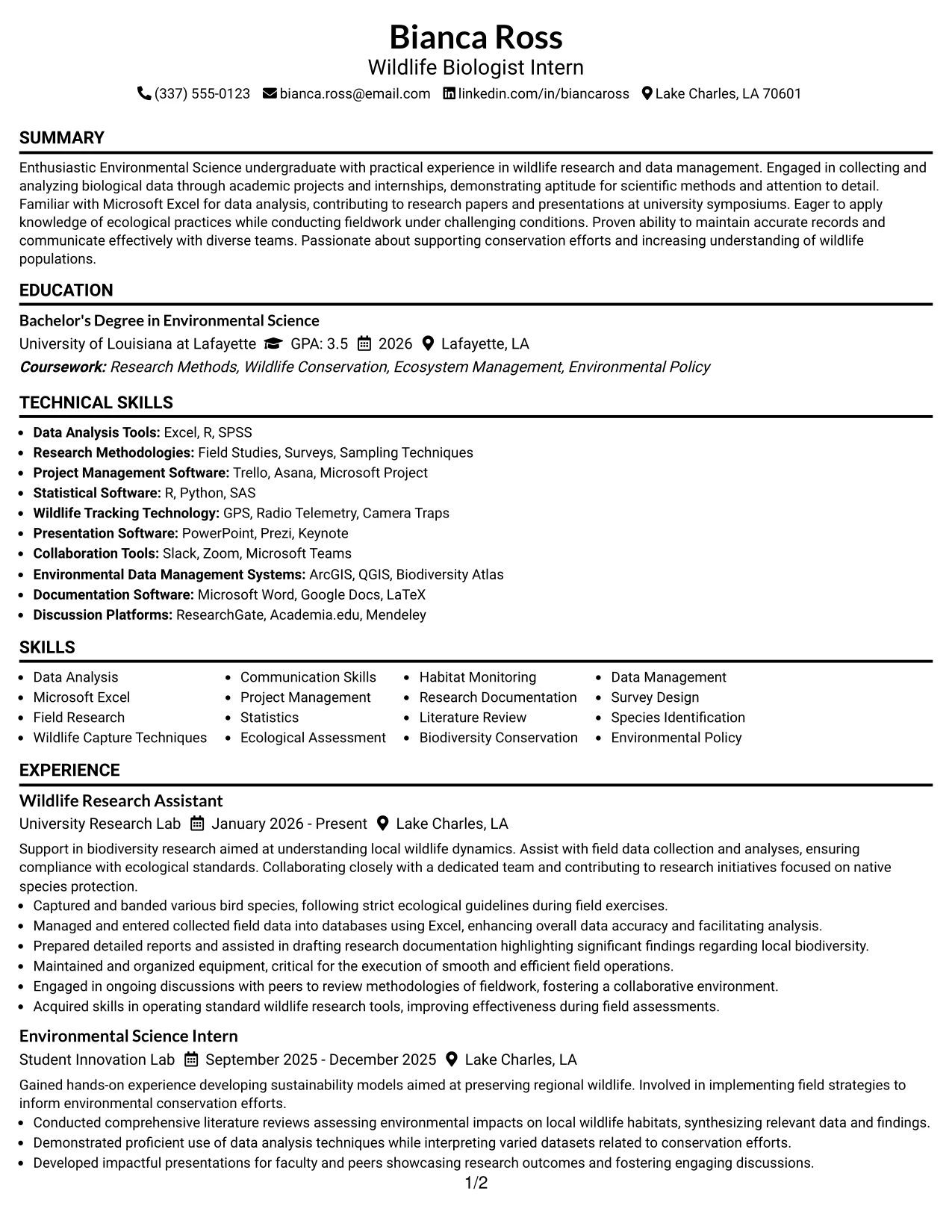 Resume Example Page 1