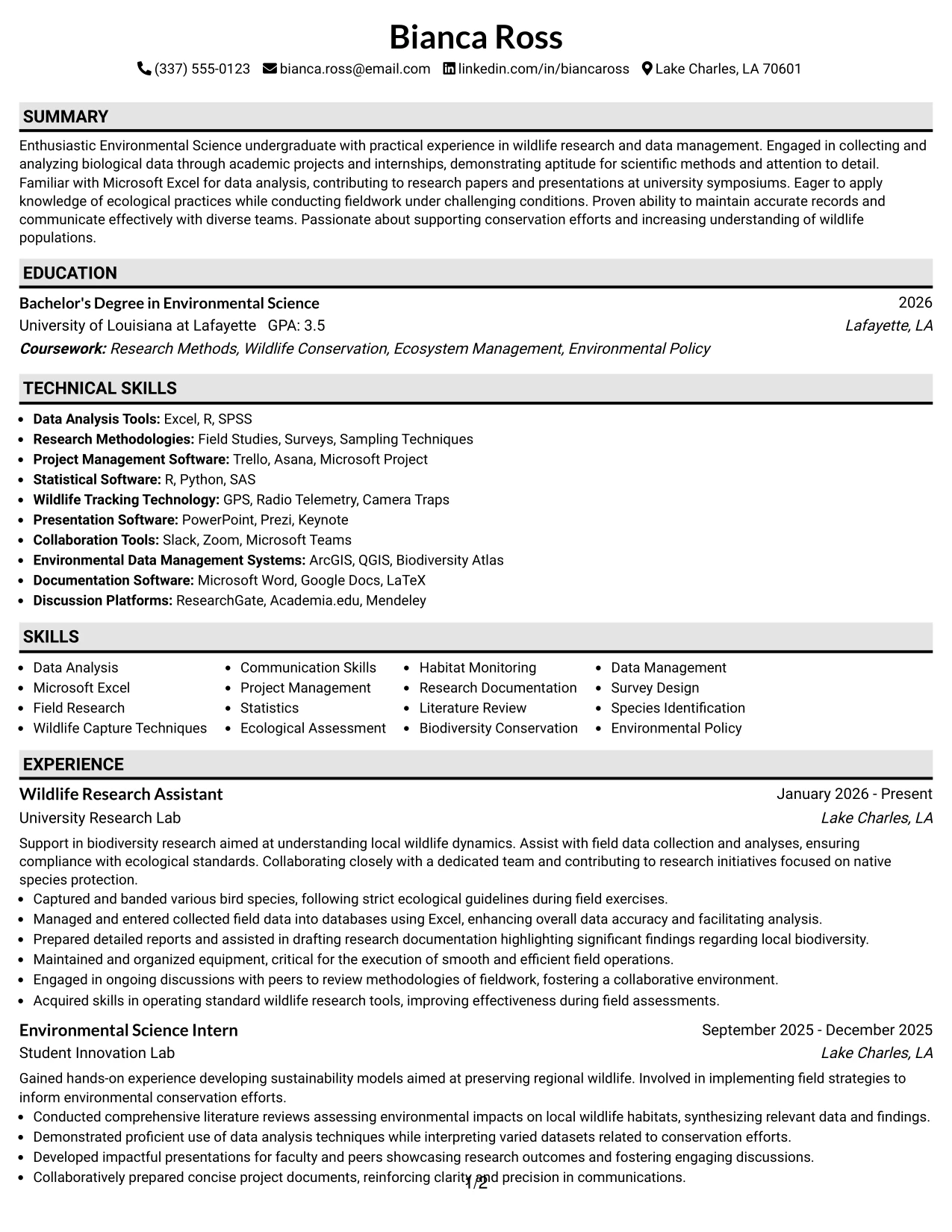Resume Example Page 1