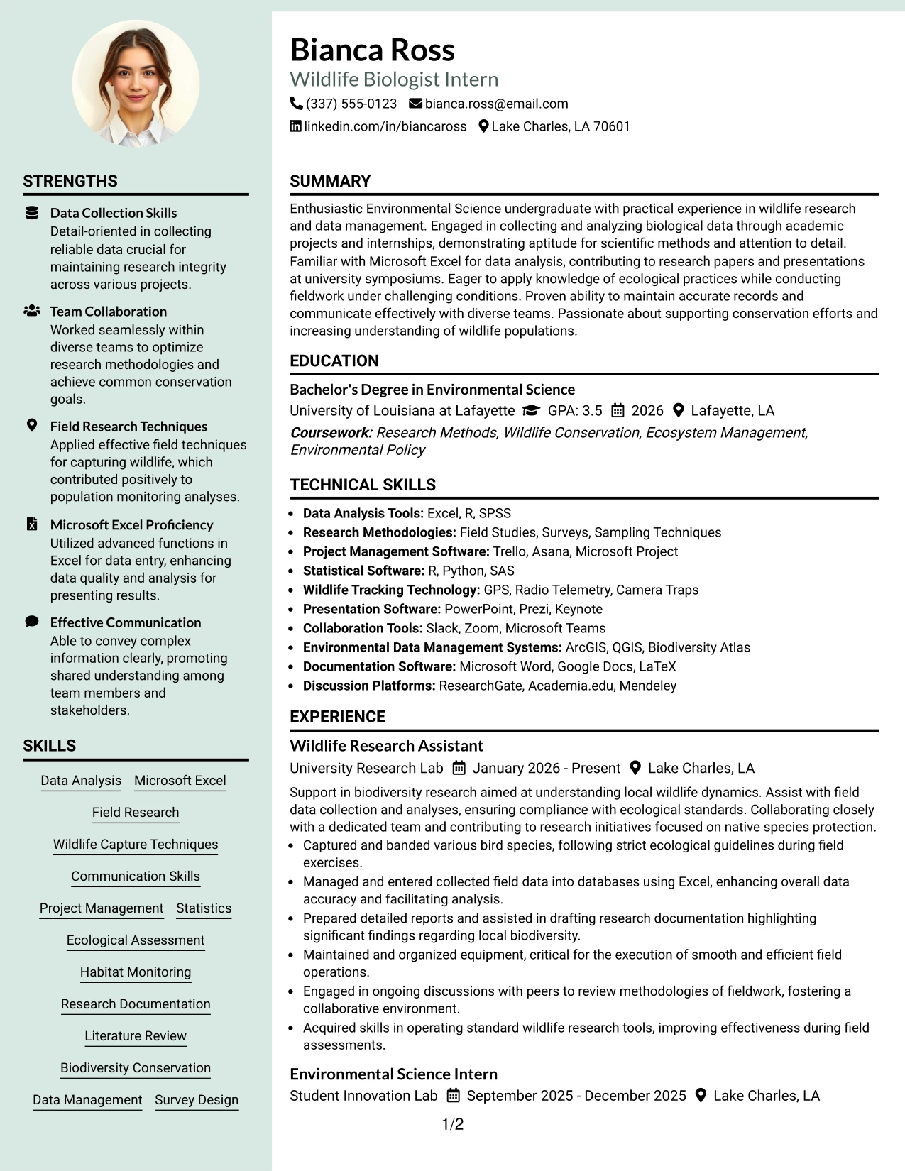 Resume Example Page 1