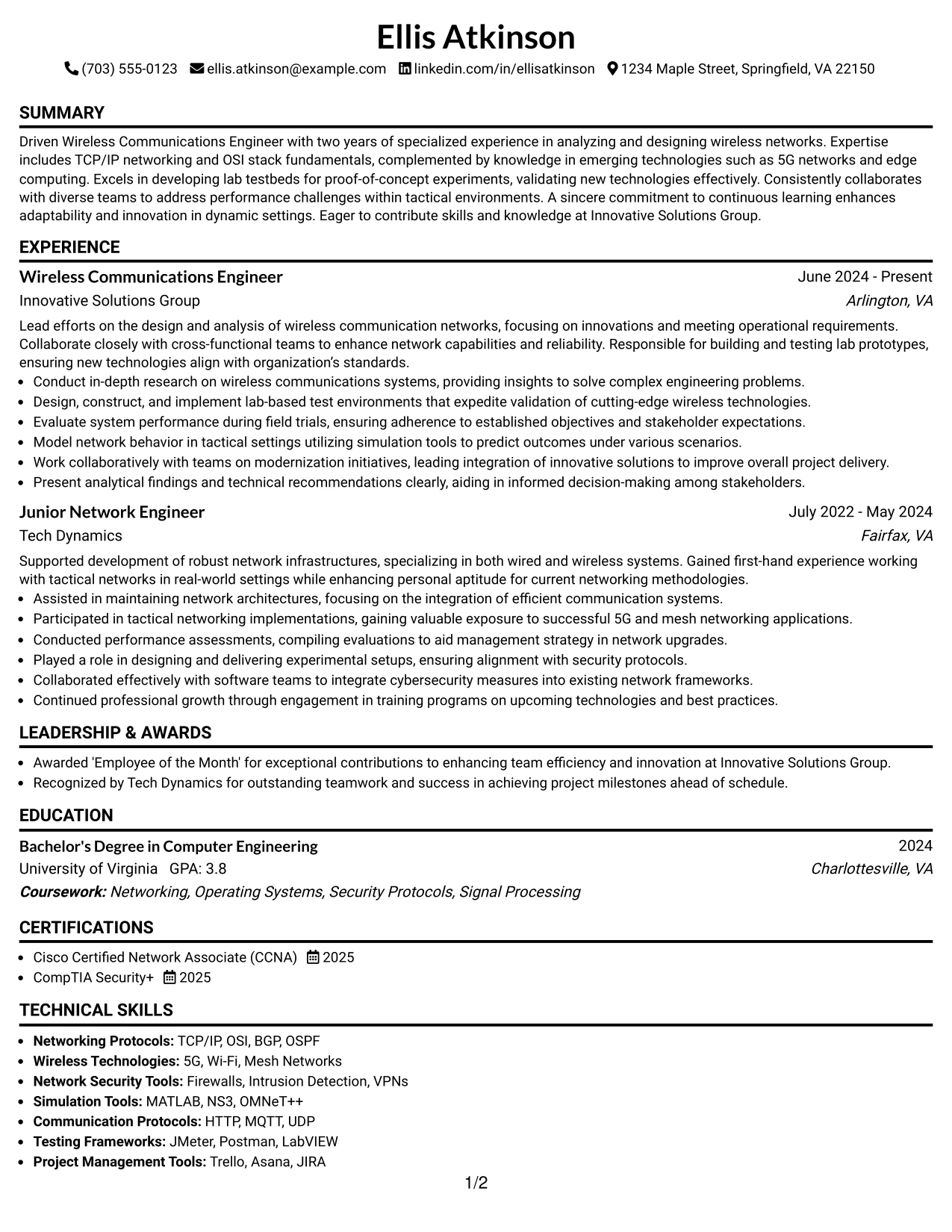 Resume Example Page 1