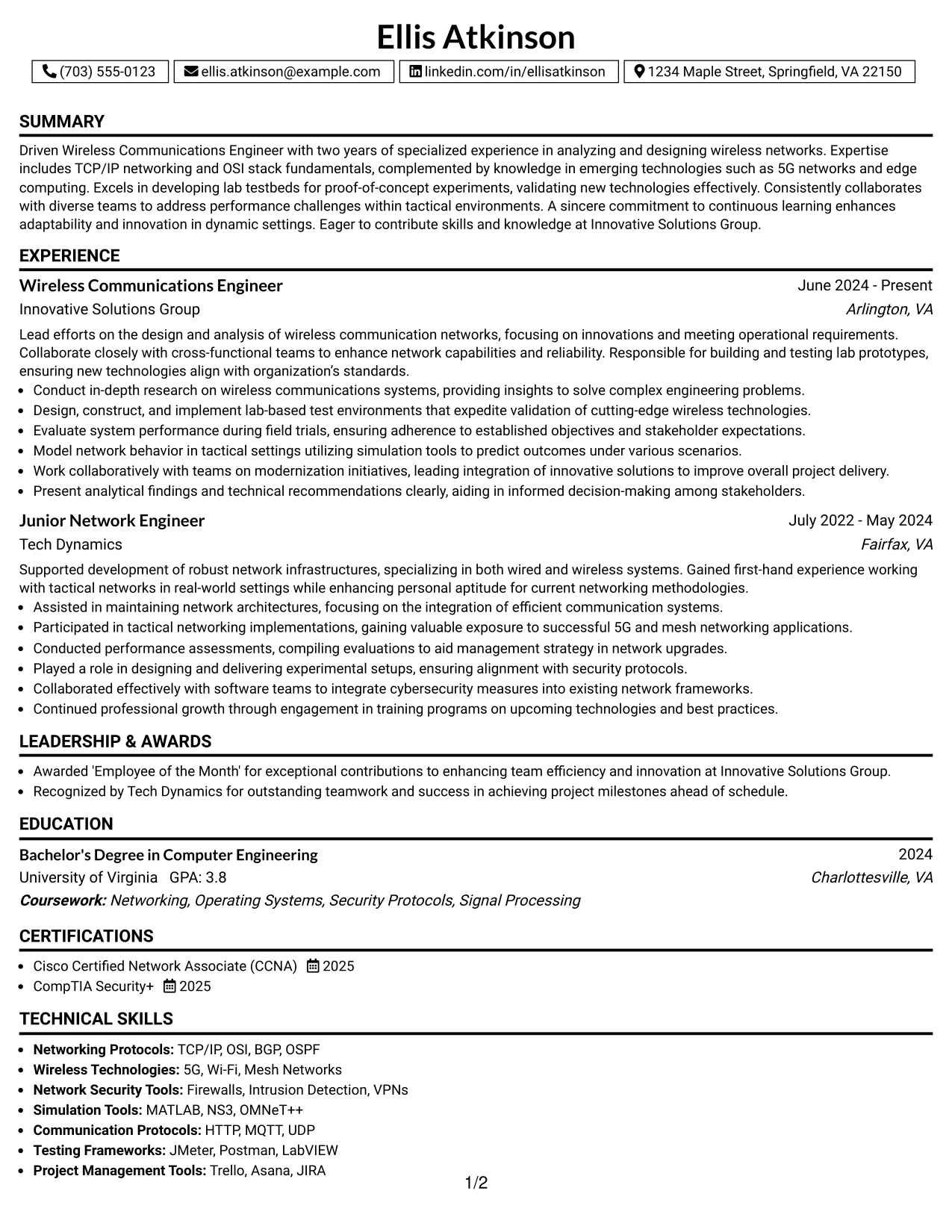 Resume Example Page 1
