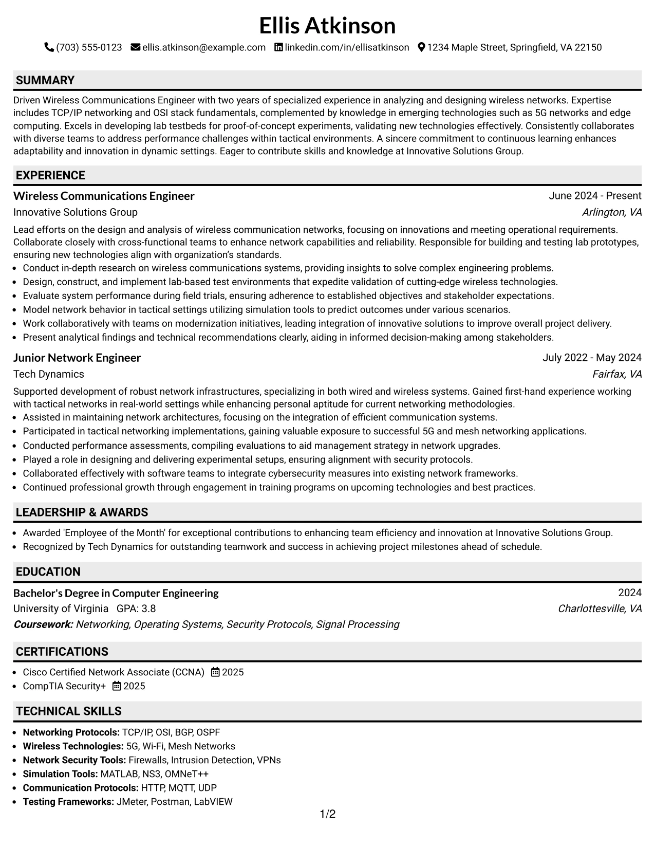 Resume Example Page 1
