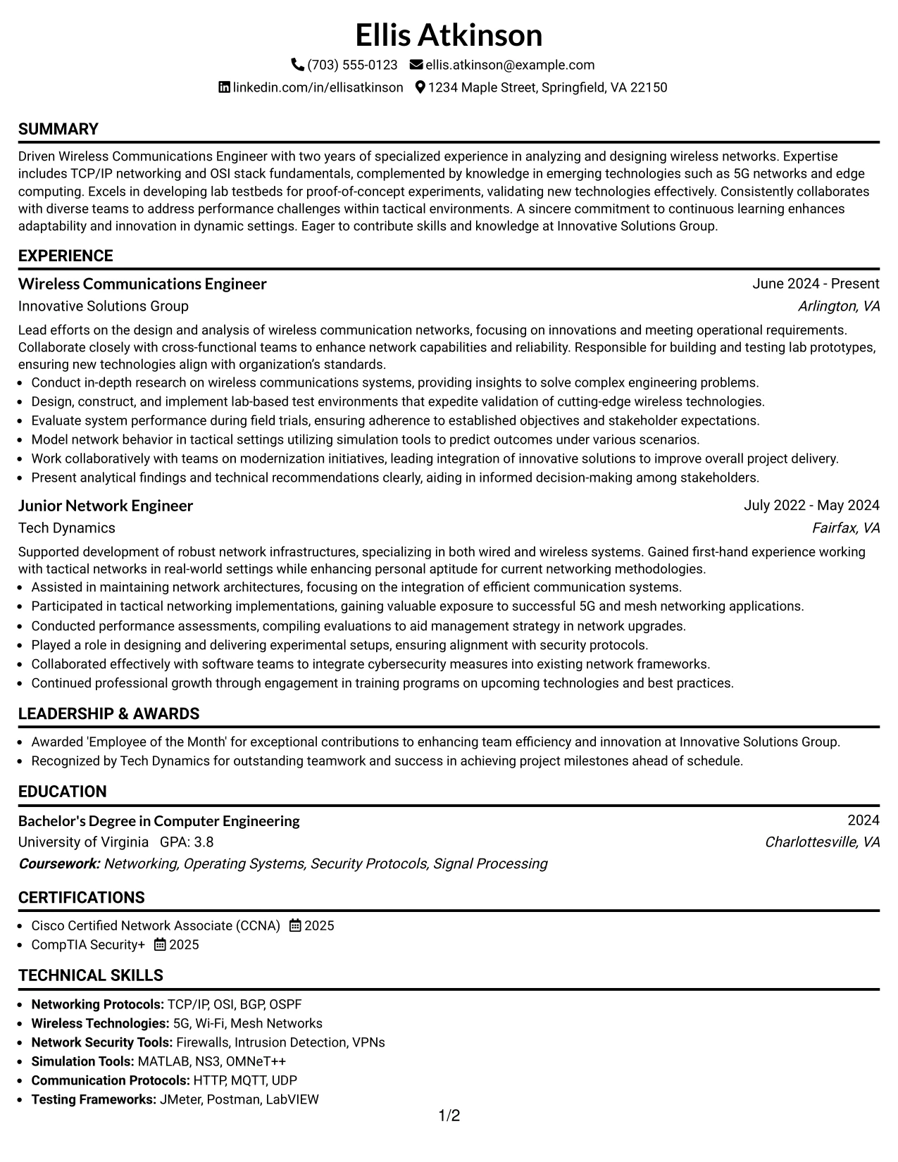 Resume Example Page 1