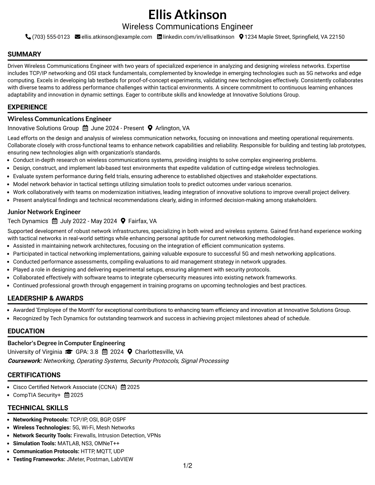 Resume Example Page 1