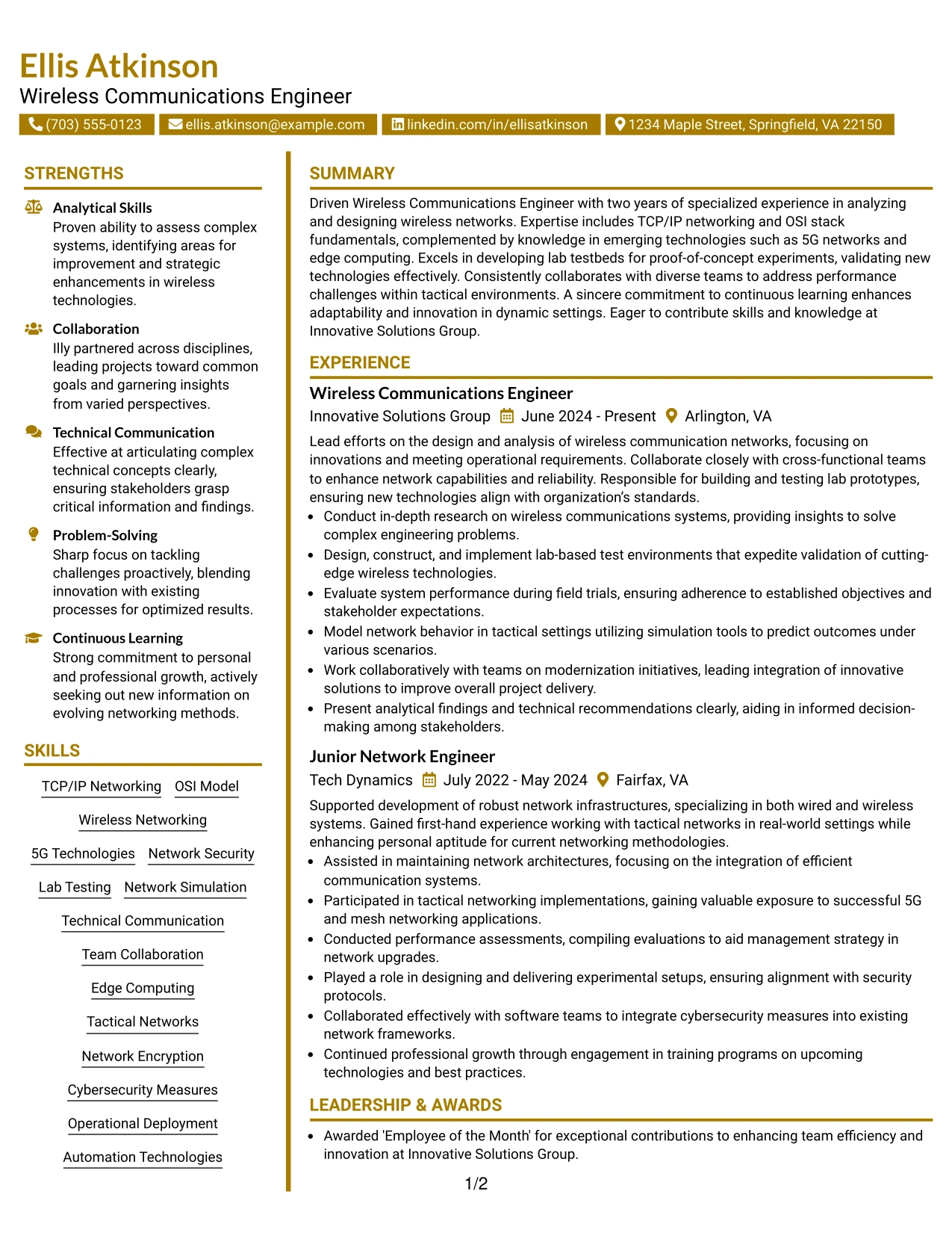 Resume Example Page 1