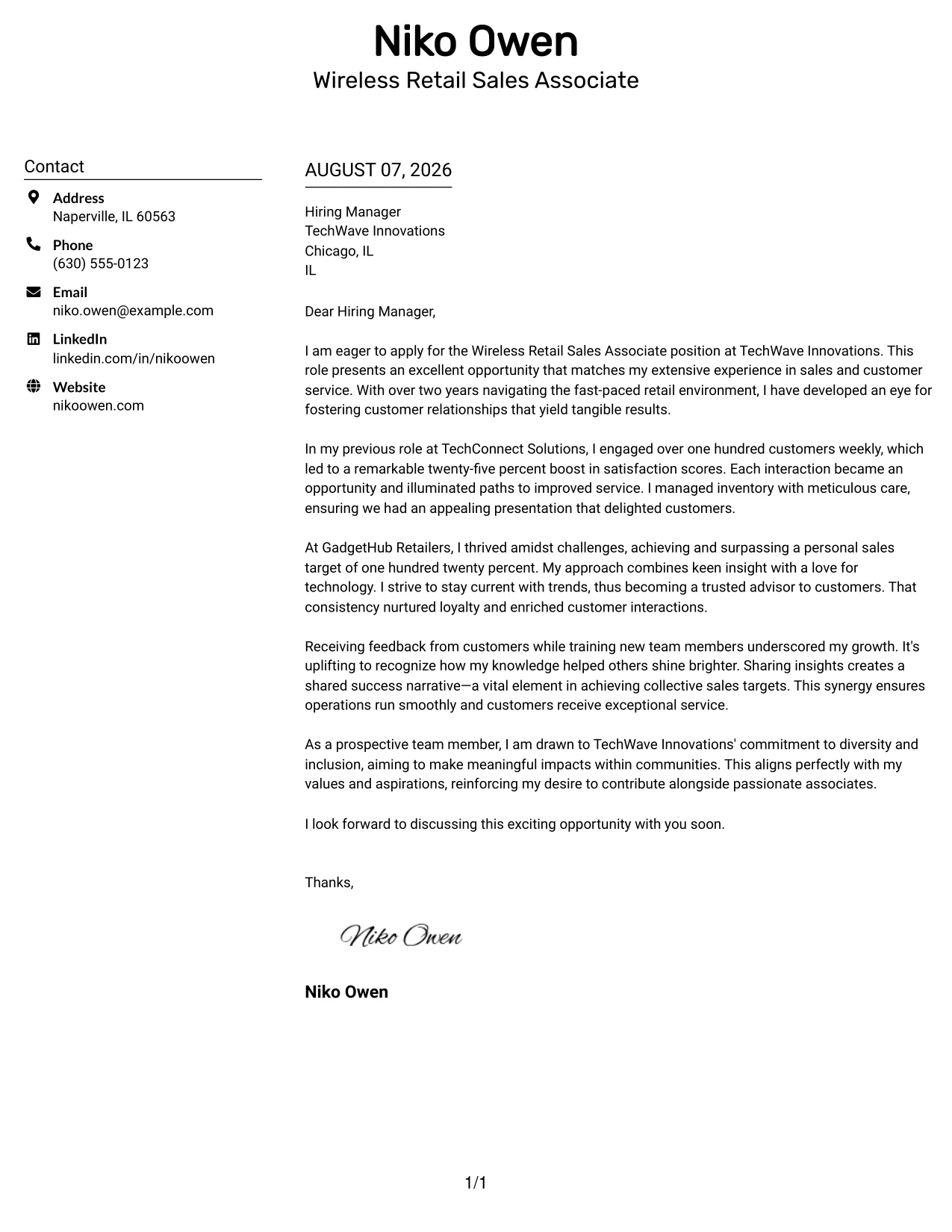 Resume Example Page 1