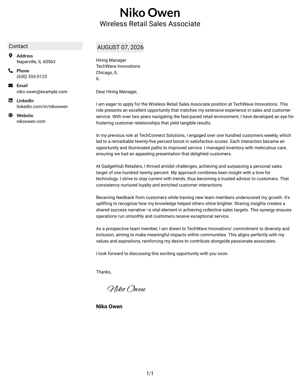 Resume Example Page 1