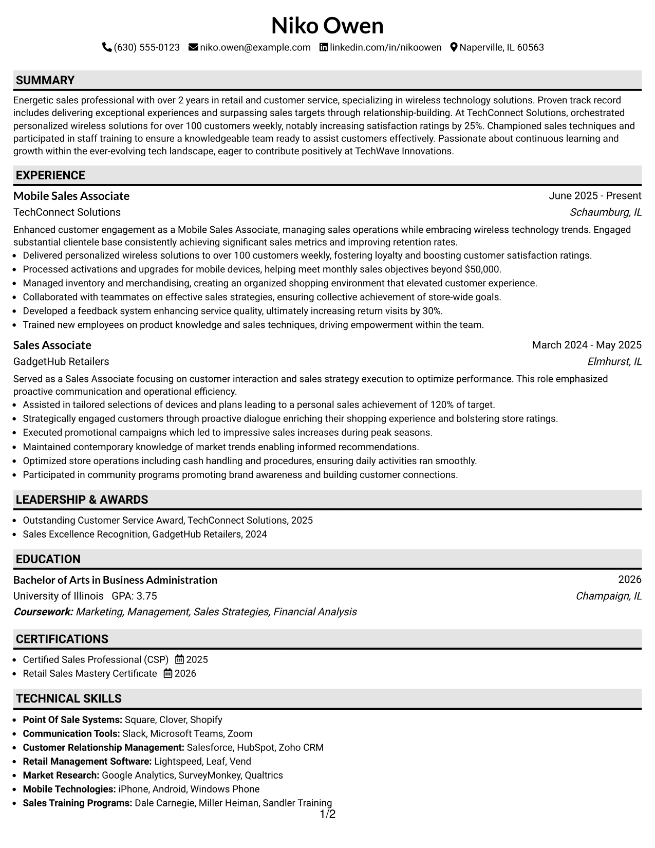 Resume Example Page 1