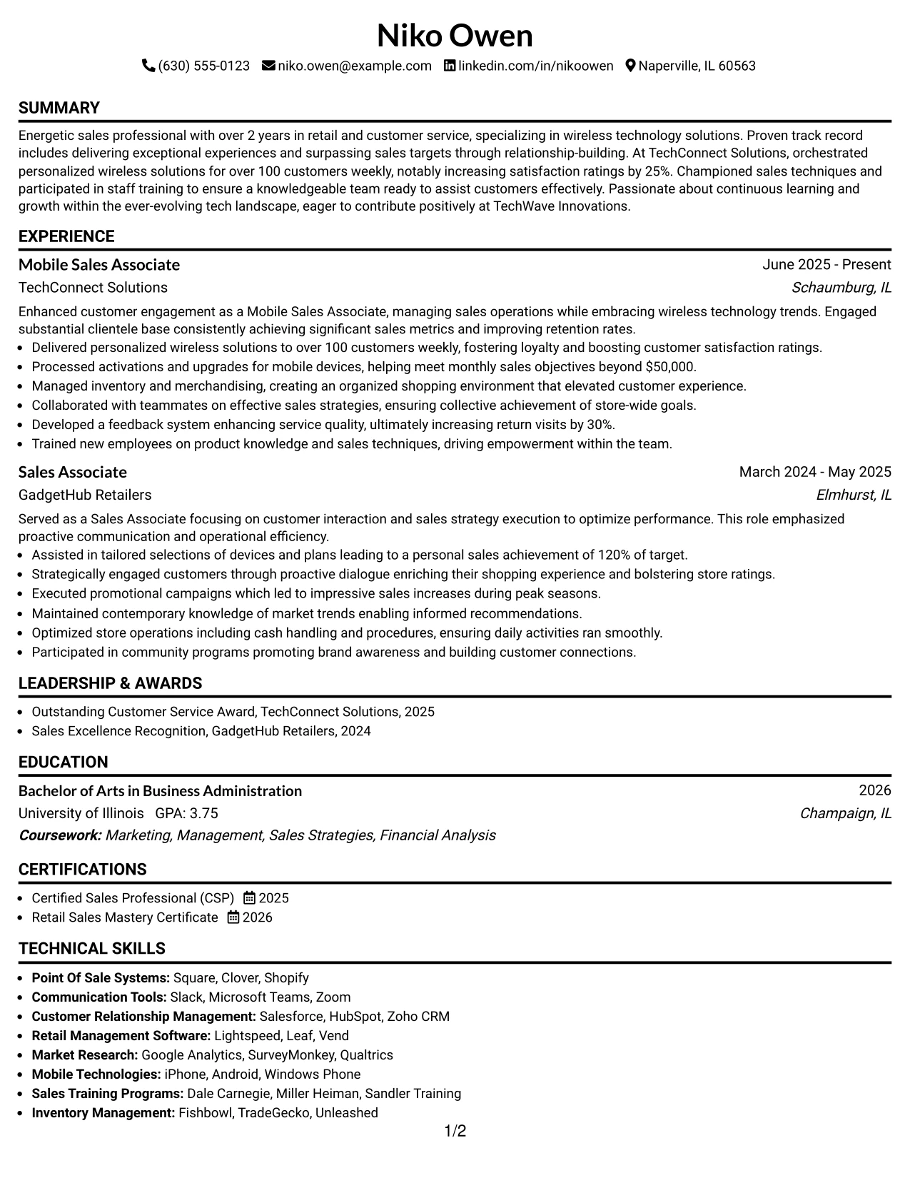 Resume Example Page 1
