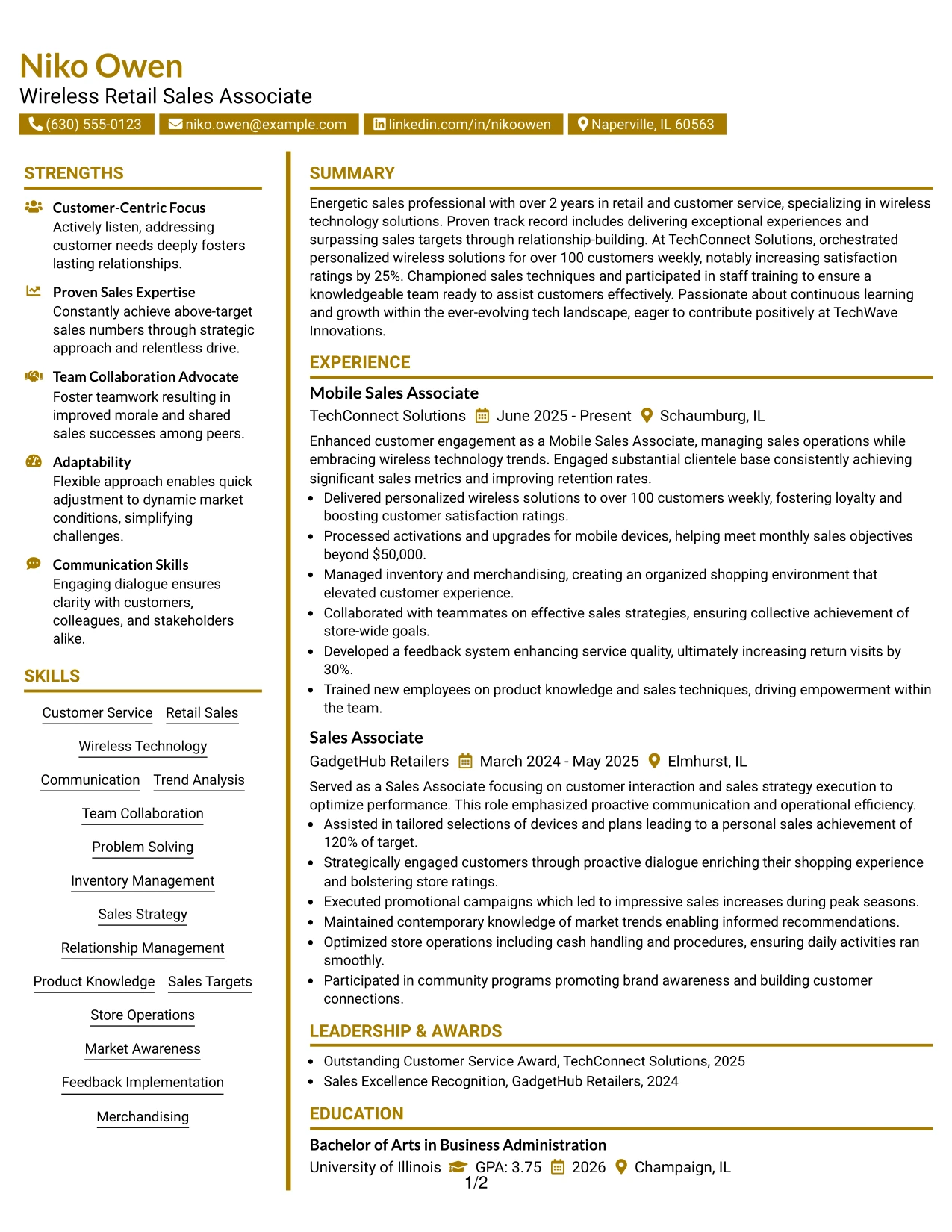 Resume Example Page 1