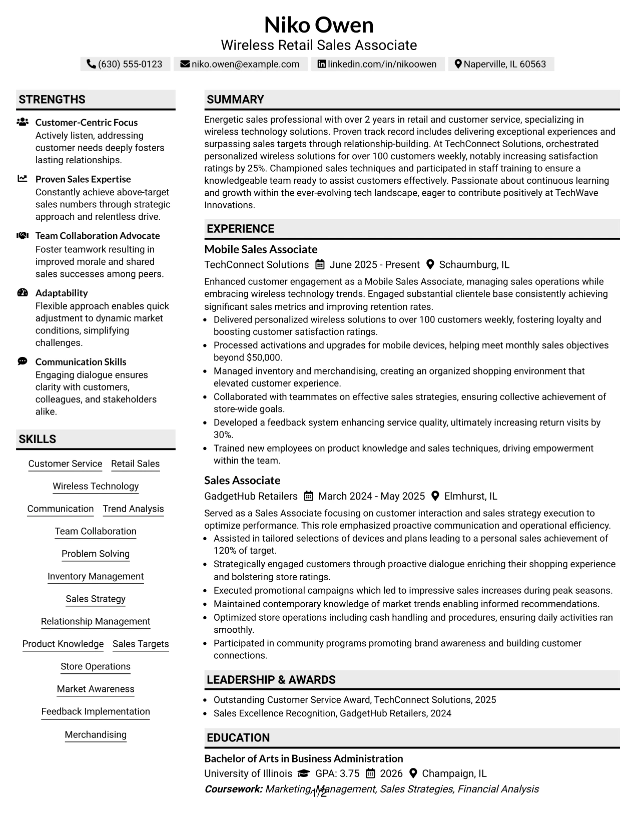 Resume Example Page 1