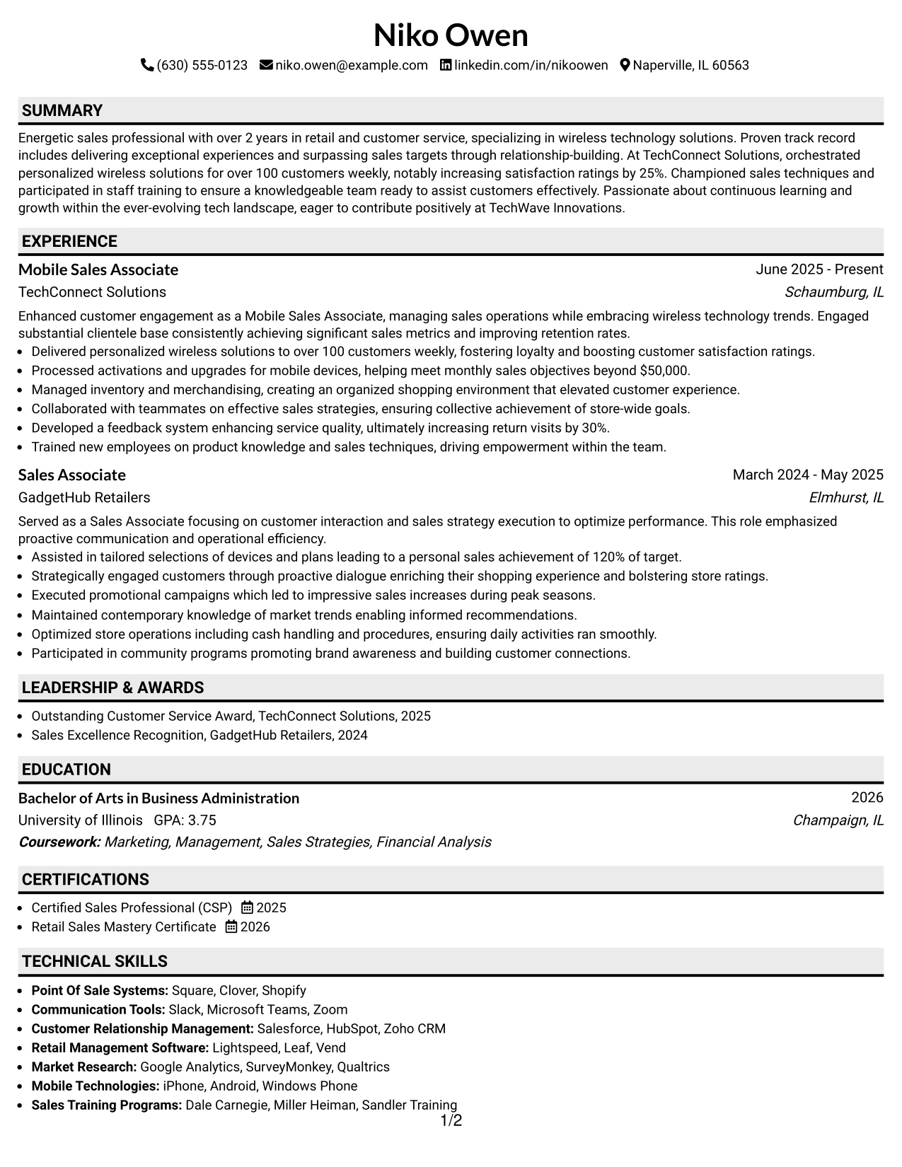 Resume Example Page 1