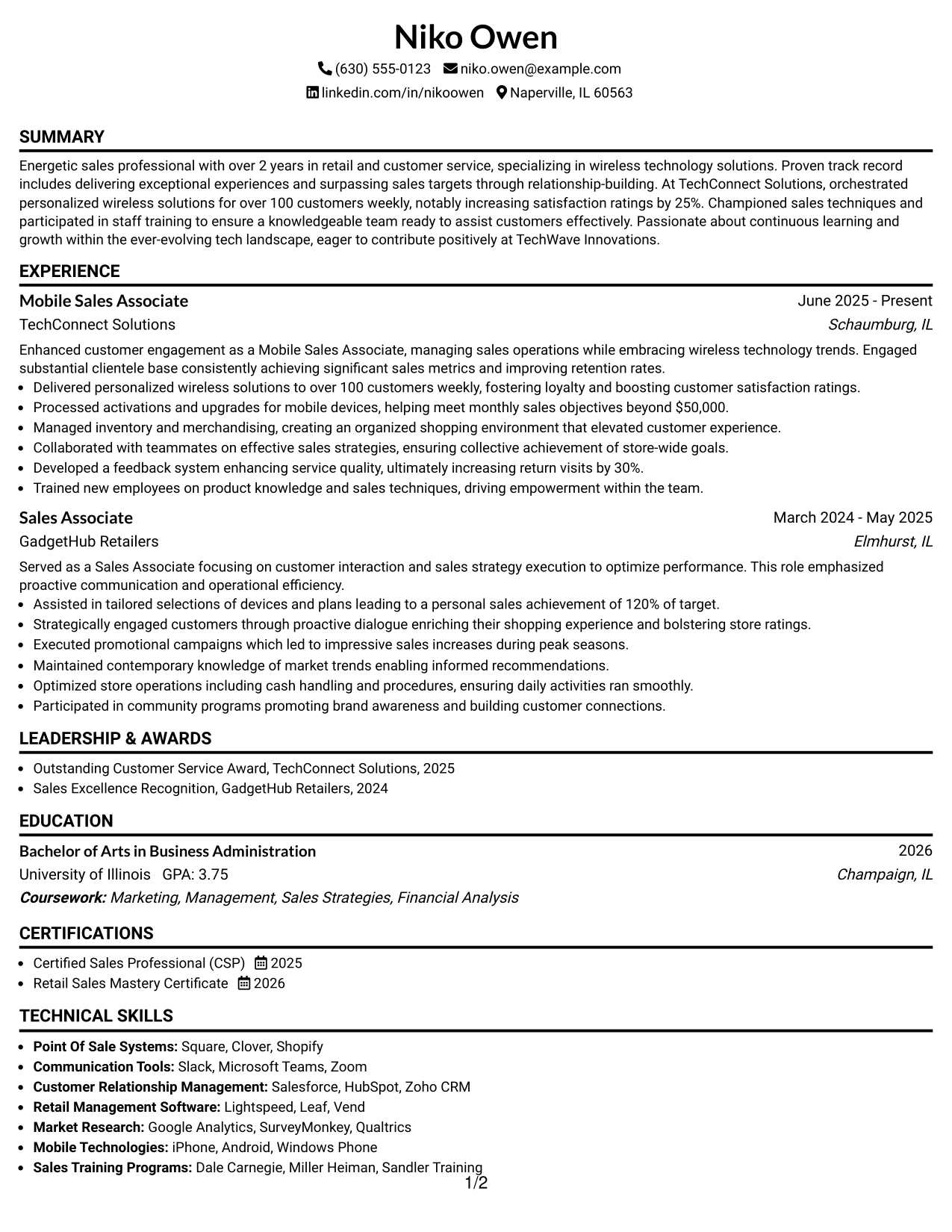 Resume Example Page 1