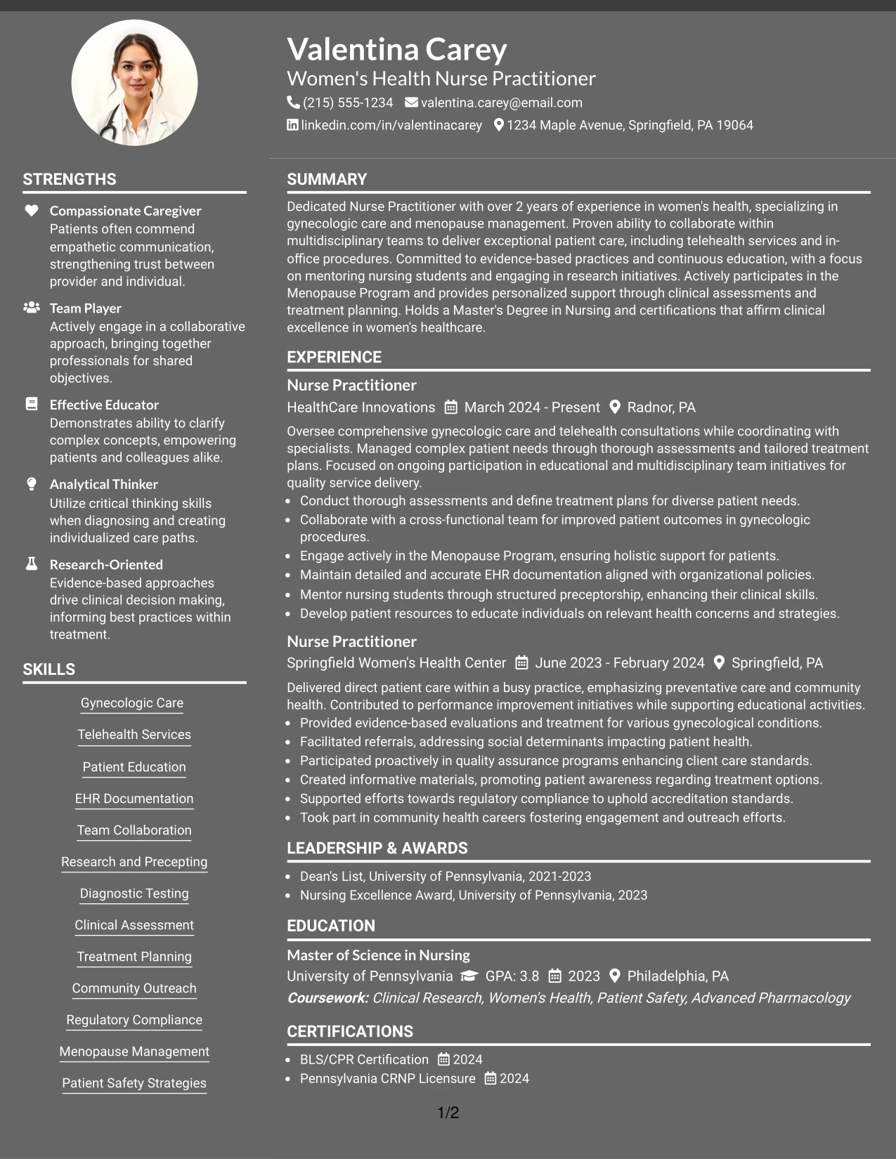 Resume Example Page 1