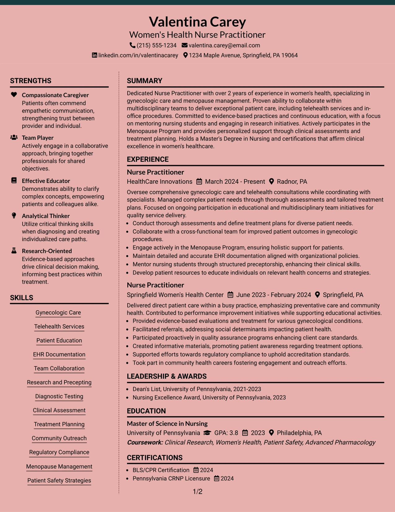 Resume Example Page 1